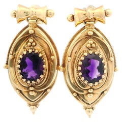 Vintage Retro Victorian Revival 14k Gold Deep Amethyst Drop Dangle Earrings