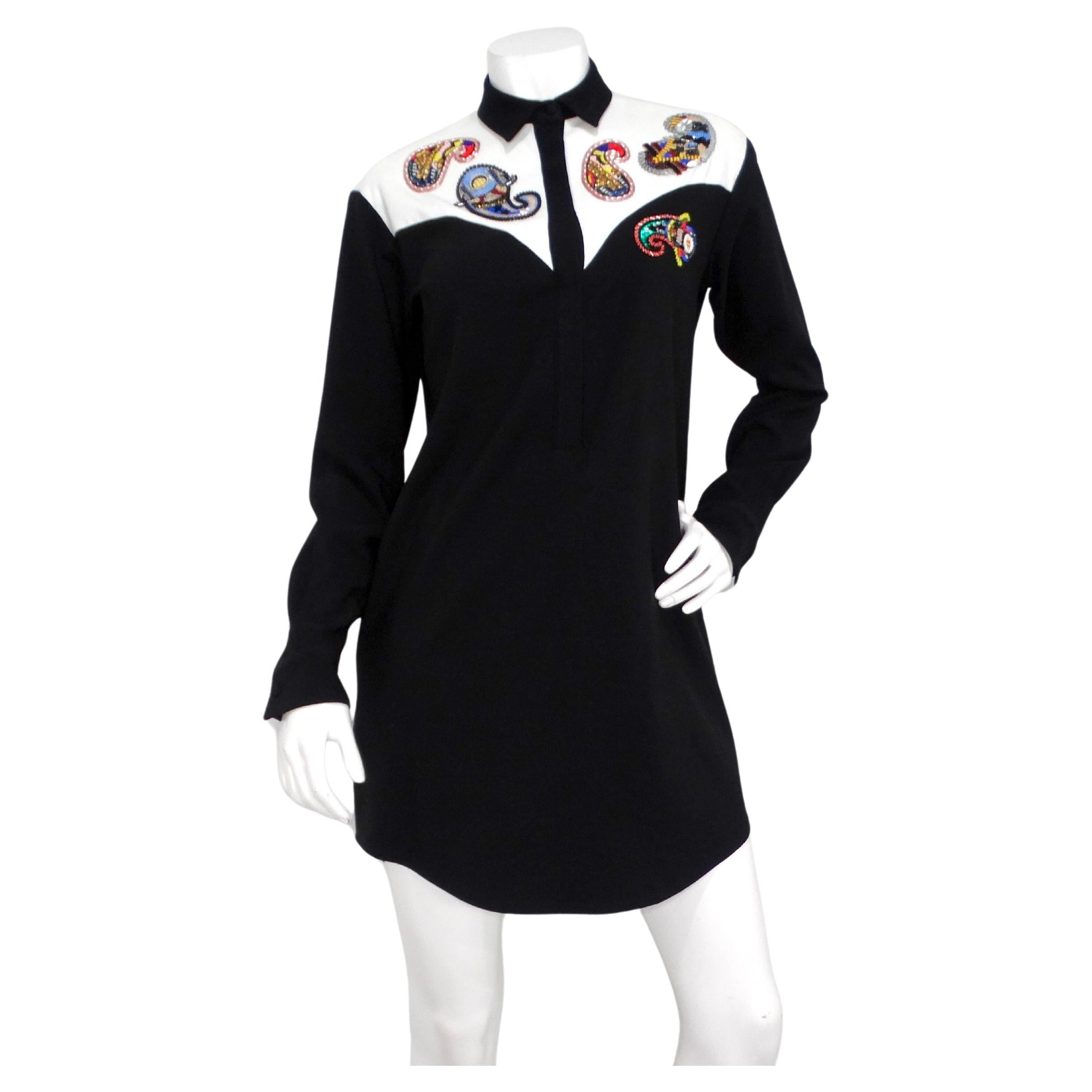 Vintage Retro Western Beaded Paisley Motif Button-Up Long-Sleeve Dress
