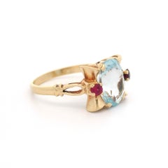 Vintage Retro Yellow Gold 2.15ct Oval Aquamarine w/ Red Stone Sides Ring