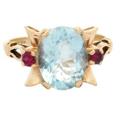 Vintage Retro Yellow Gold 2.15ct Oval Aquamarine w/ Red Stone Sides Ring