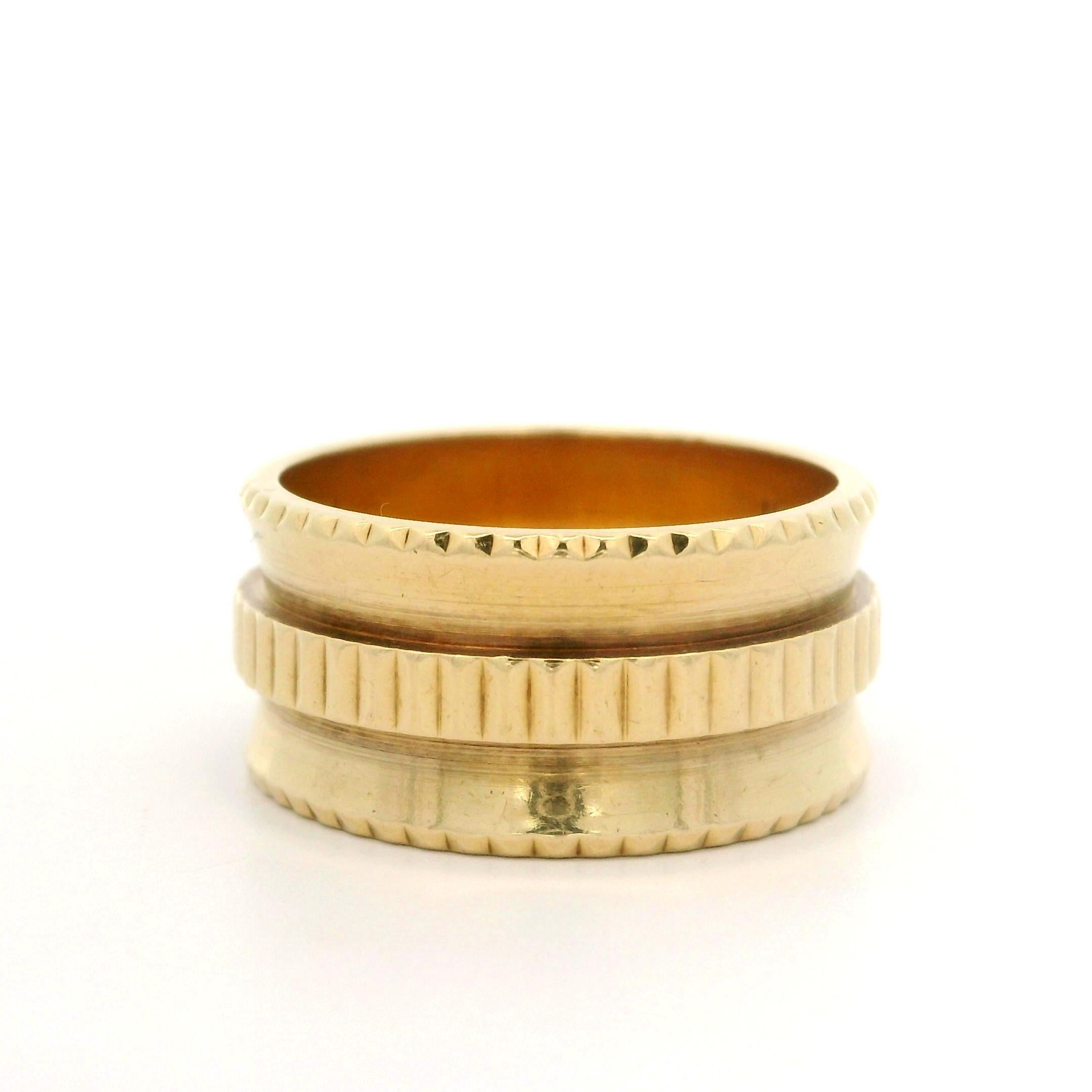 Material: Solid 14k Yellow Gold
Weight: 8.56 Grams
Ring Size: 7.0 (Fitted on a finger. We can NOT custom size this ring.)
Ring Width: 9.9mm (0.39