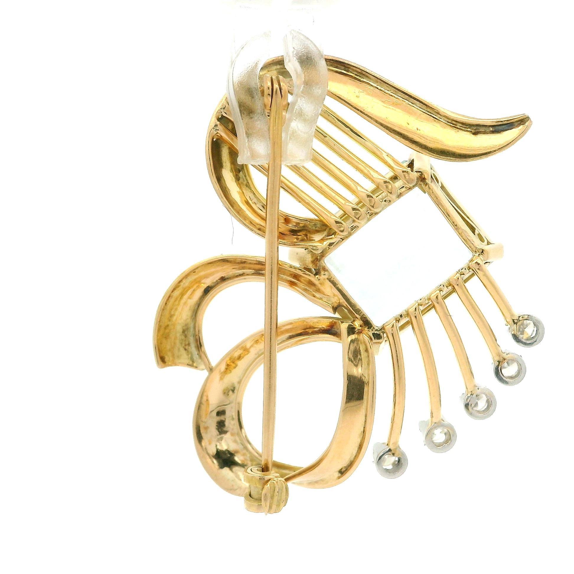 Vintage Retro Gelbgold & Platin 5,65 Karat Aquamarin mit Diamant-Ansteckbrosche, Vintage im Zustand „Gut“ im Angebot in Montclair, NJ