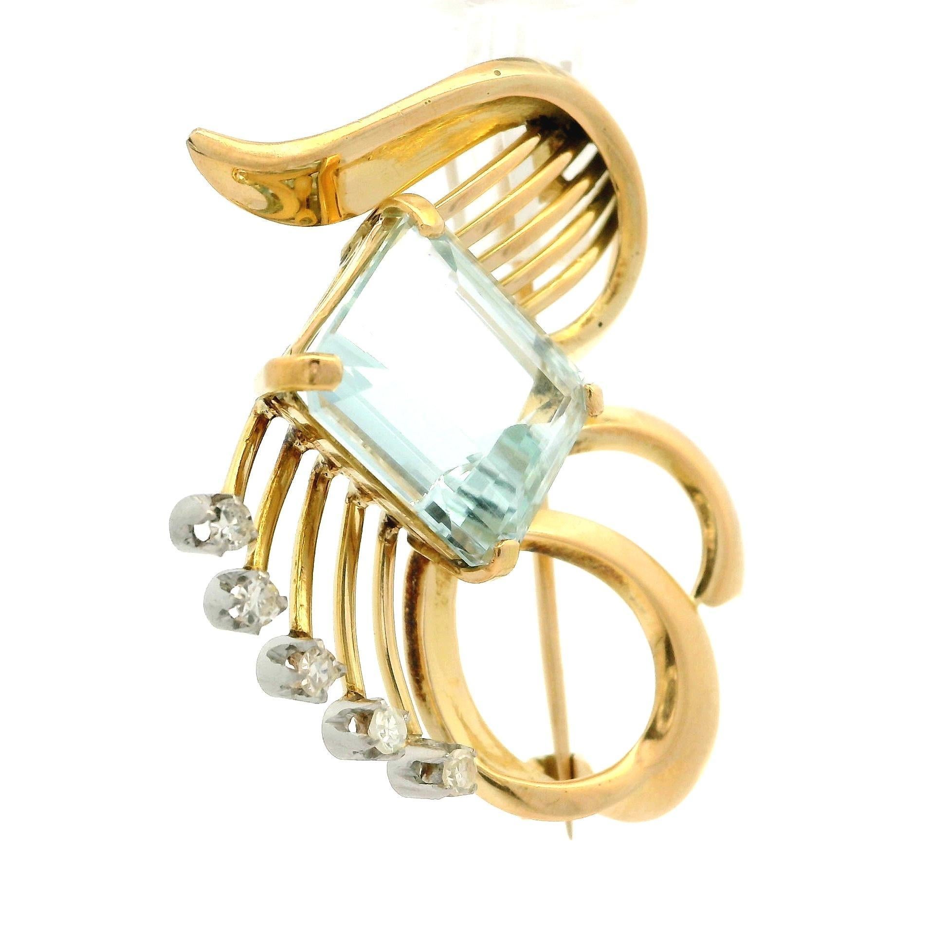 Vintage Retro Gelbgold & Platin 5,65 Karat Aquamarin mit Diamant-Ansteckbrosche, Vintage Damen im Angebot