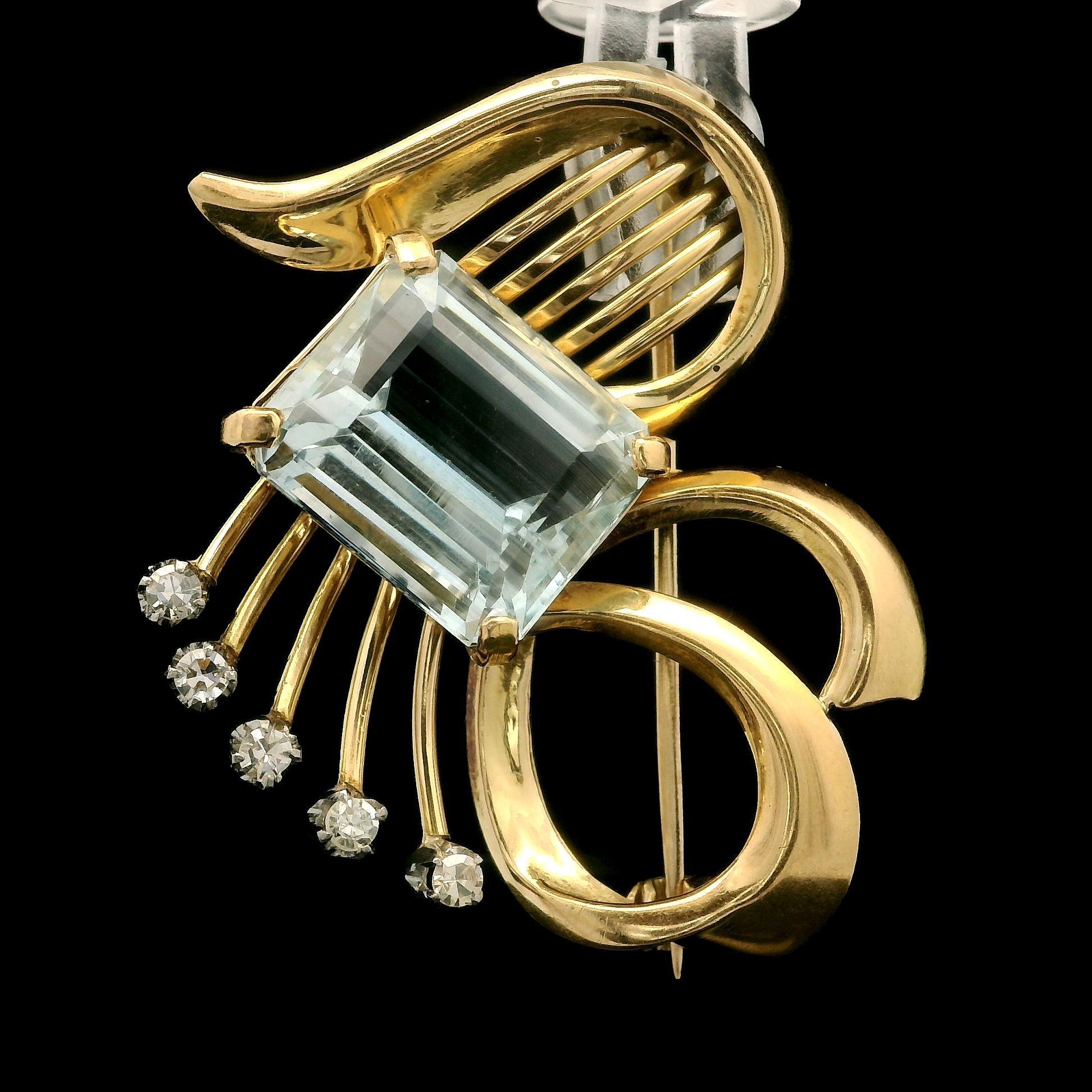 Vintage Retro Gelbgold & Platin 5,65 Karat Aquamarin mit Diamant-Ansteckbrosche, Vintage im Angebot 2