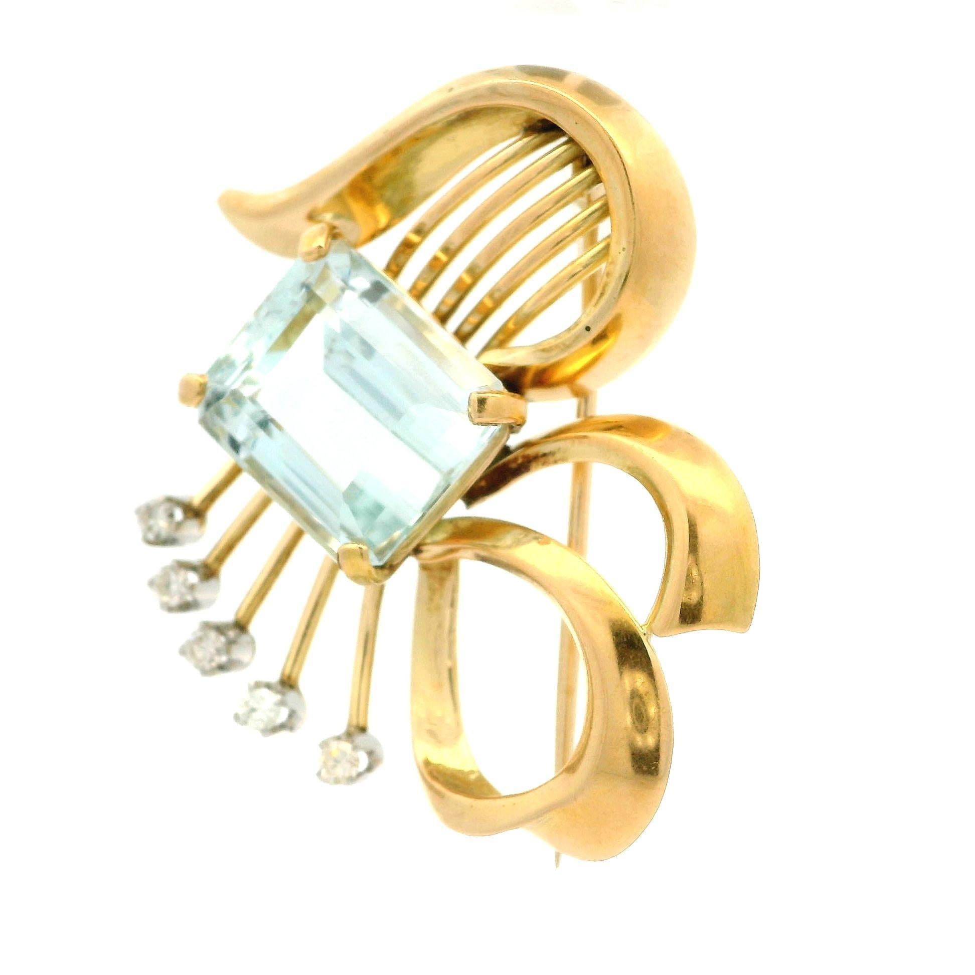 Vintage Retro Gelbgold & Platin 5,65 Karat Aquamarin mit Diamant-Ansteckbrosche, Vintage im Angebot 3