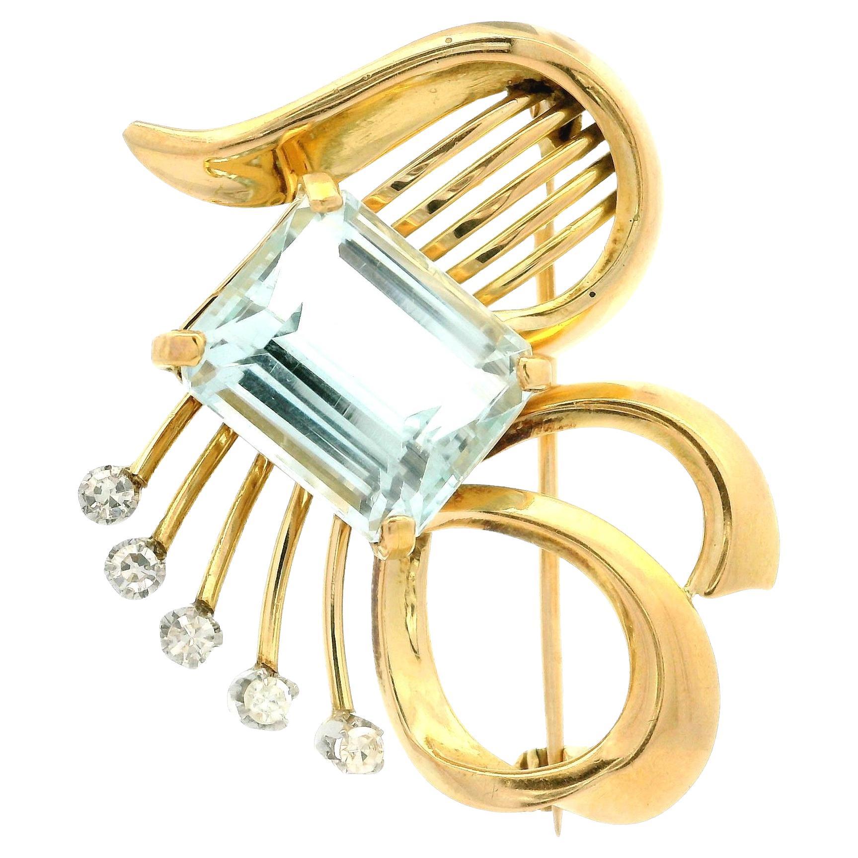 Broche retro vintage de oro amarillo y platino con aguamarina de 5,65 ctw y diamantes