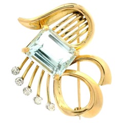 Vintage Retro Yellow Gold & Platinum 5.65ctw Aquamarine w/ Diamond Pin Brooch