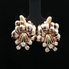 Vintage Retro Yellow & Rose Gold .60ct Diamond Flower Bouquet Omega Earrings