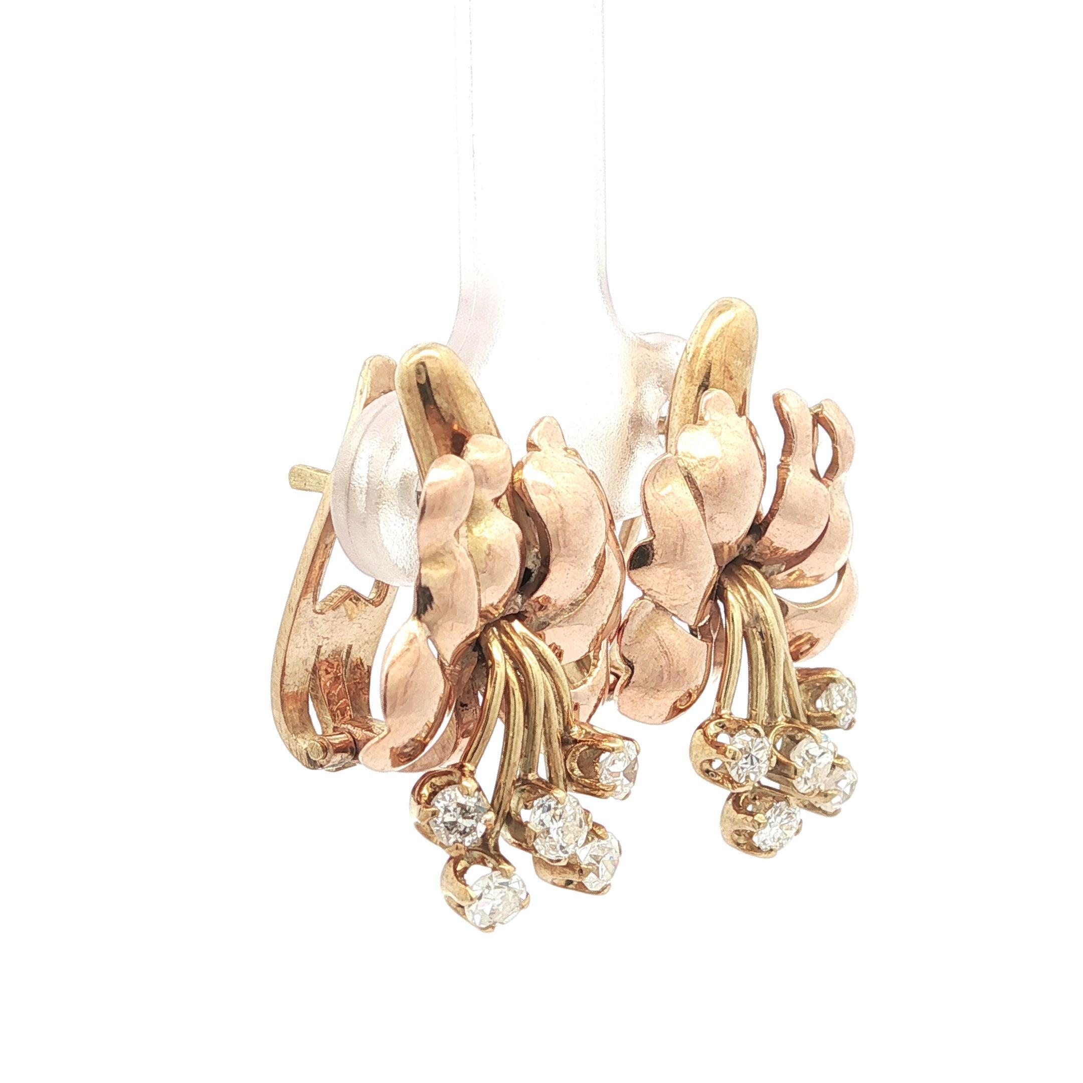 Vintage Retro Gelb & Rose Gold .60ct Diamond Flower Bouquet Omega Ohrringe im Angebot 3