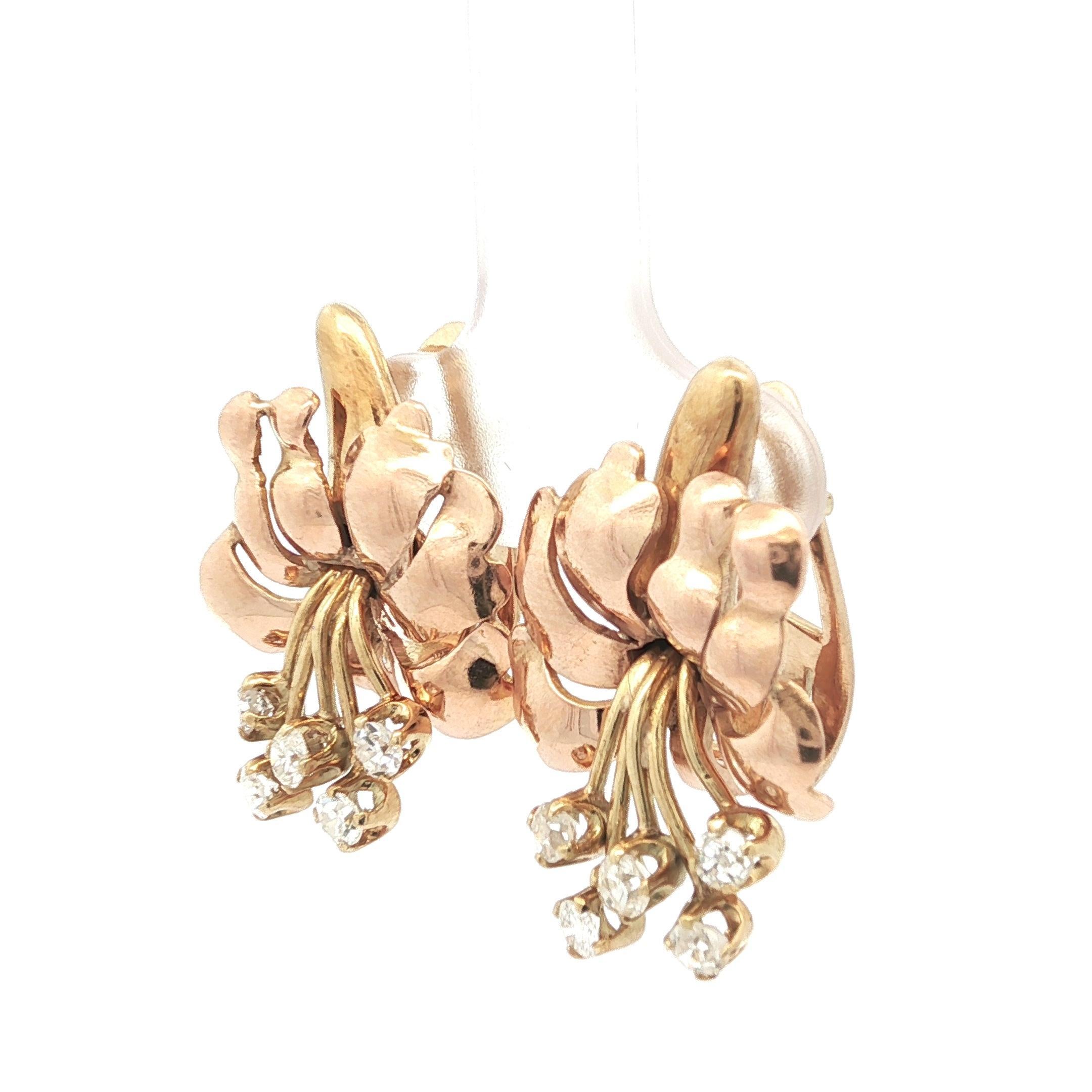 Vintage Retro Gelb & Rose Gold .60ct Diamond Flower Bouquet Omega Ohrringe im Angebot 4