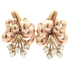 Vintage Retro Yellow & Rose Gold .60ct Diamond Flower Bouquet Omega Earrings
