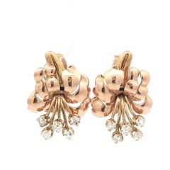 Vintage Retro Yellow & Rose Gold .60ct Diamond Flower Bouquet Omega Earrings