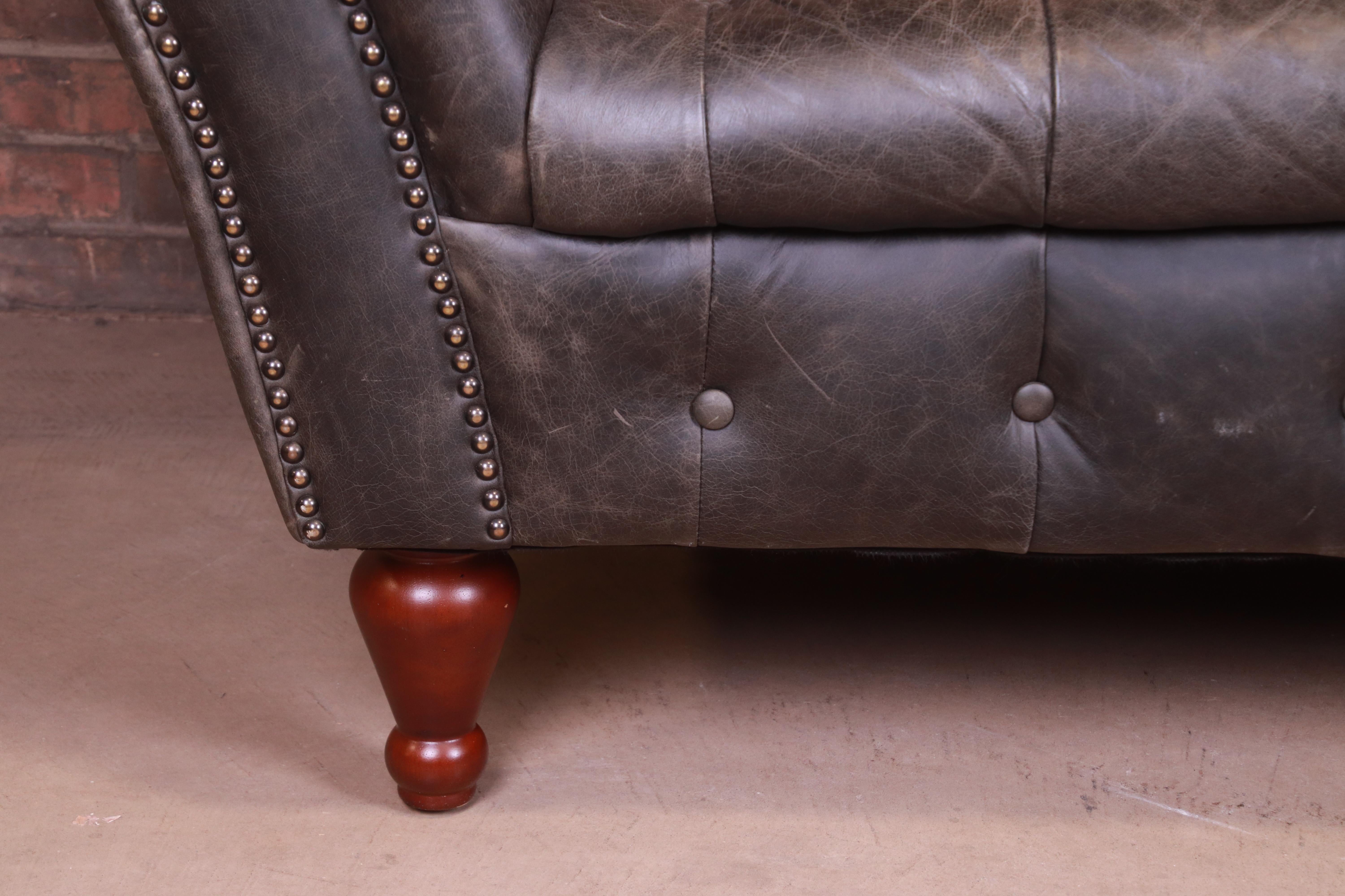 Vintage Reverse Camelback Tufted Leather Chesterfield Sofa 3