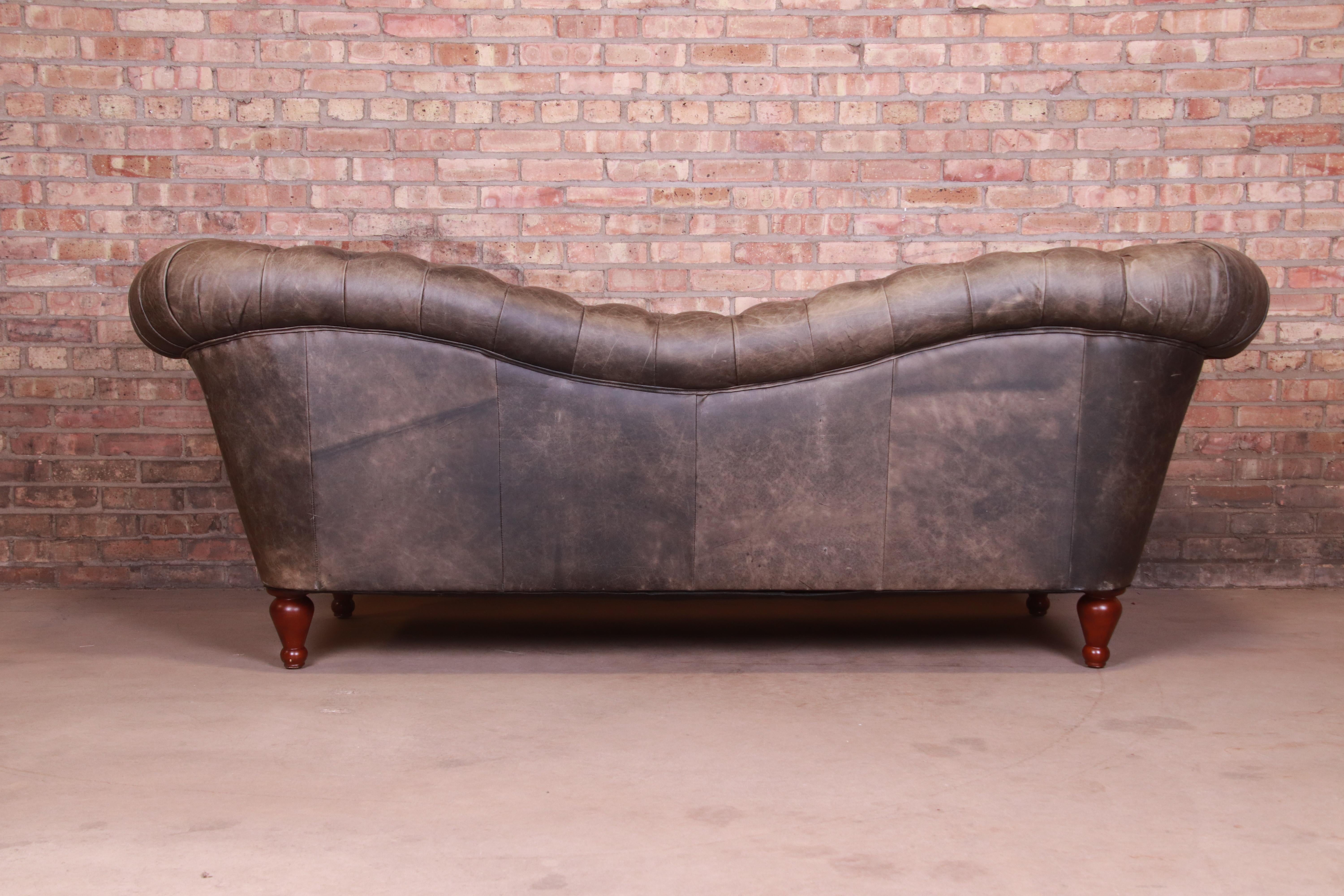 Vintage Reverse Camelback Tufted Leather Chesterfield Sofa 6