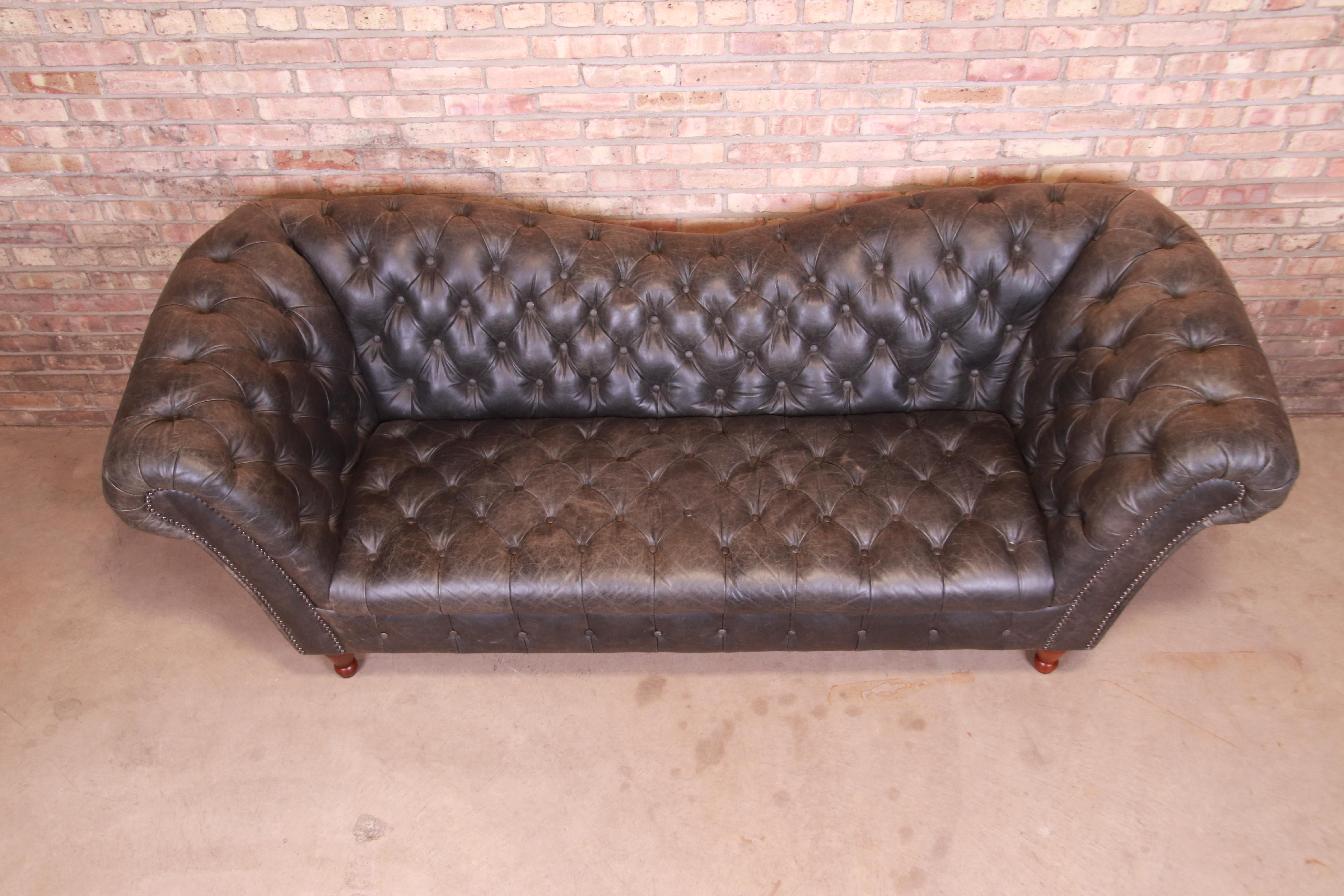 Vintage Reverse Camelback Tufted Leather Chesterfield Sofa 2