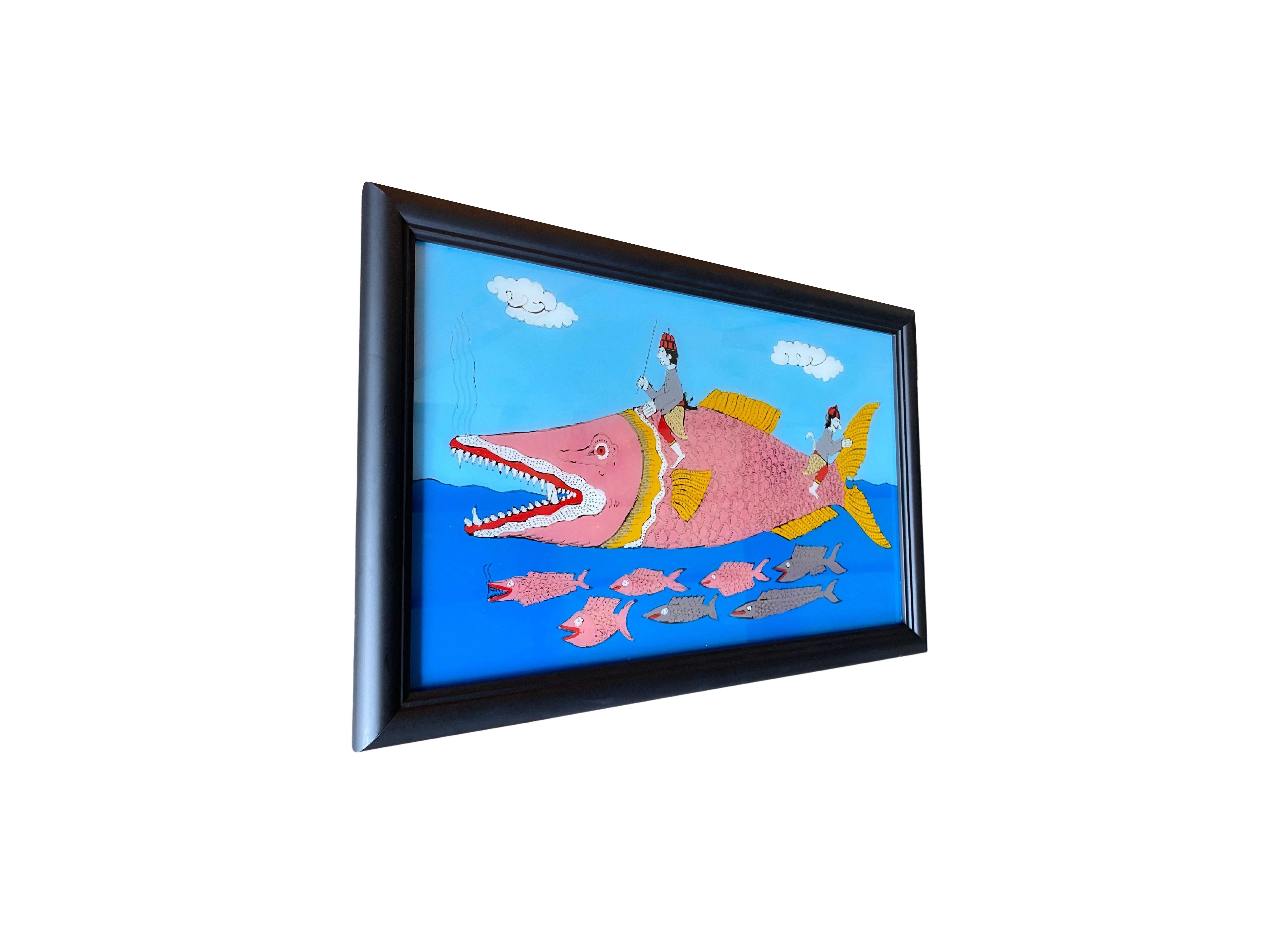 A framed reverse glass painting from the island of Madura, off the Northeastern coast of Java. The painting depicts a mythical seascape with a bright array of colours. The painter would have had to work in reverse to create this piece.
    