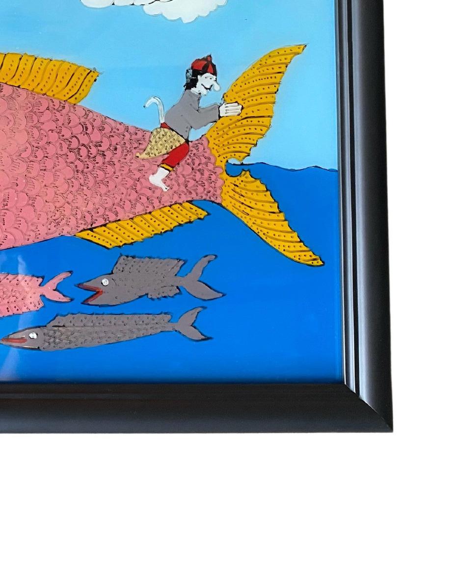 Indonesiano Quadro d'epoca in vetro rovesciato con paesaggio marino mitico dell'isola di Madura, Indonesia in vendita