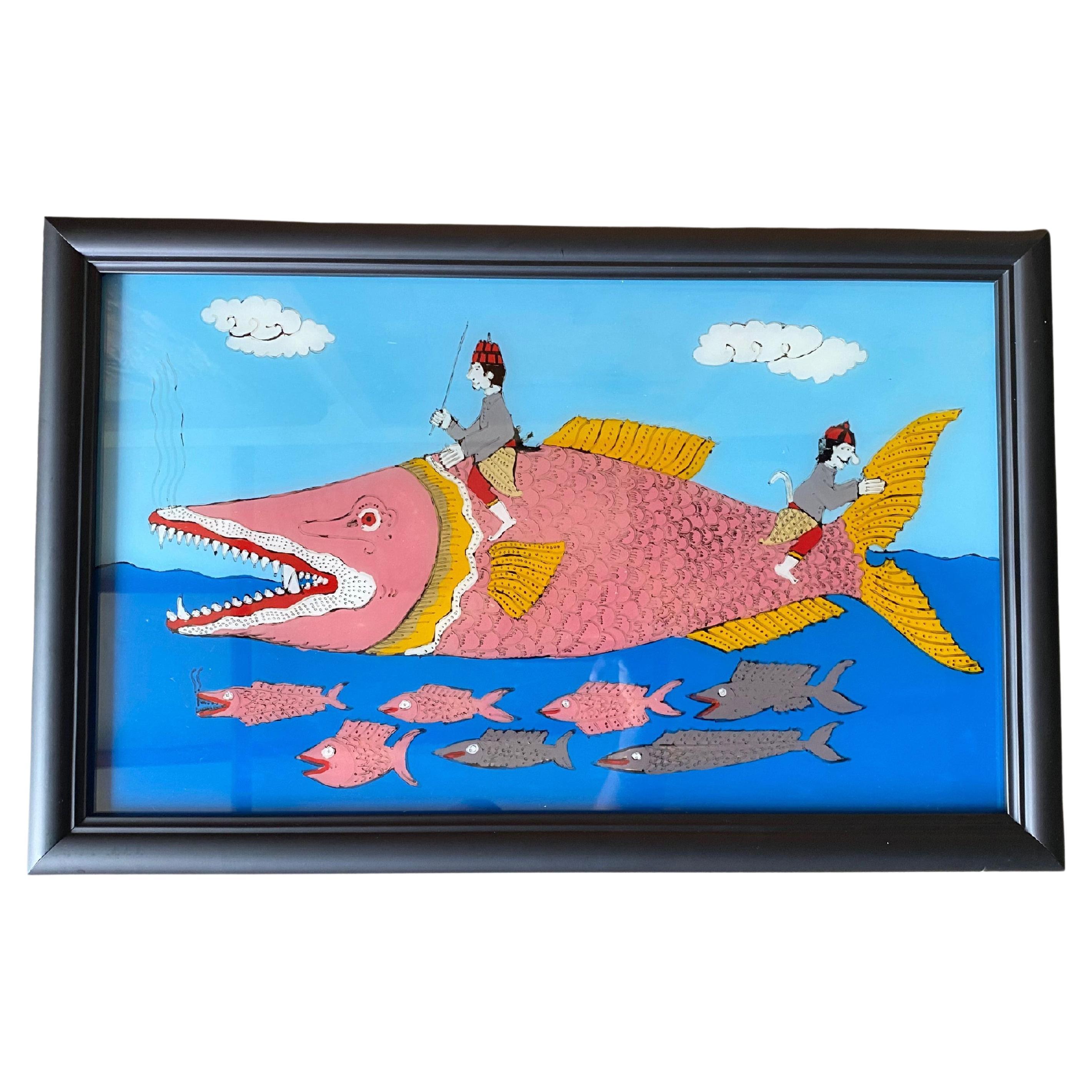 Vintage Reverse Glass Mythical Seascape Painting from Madura Island, Indonesia