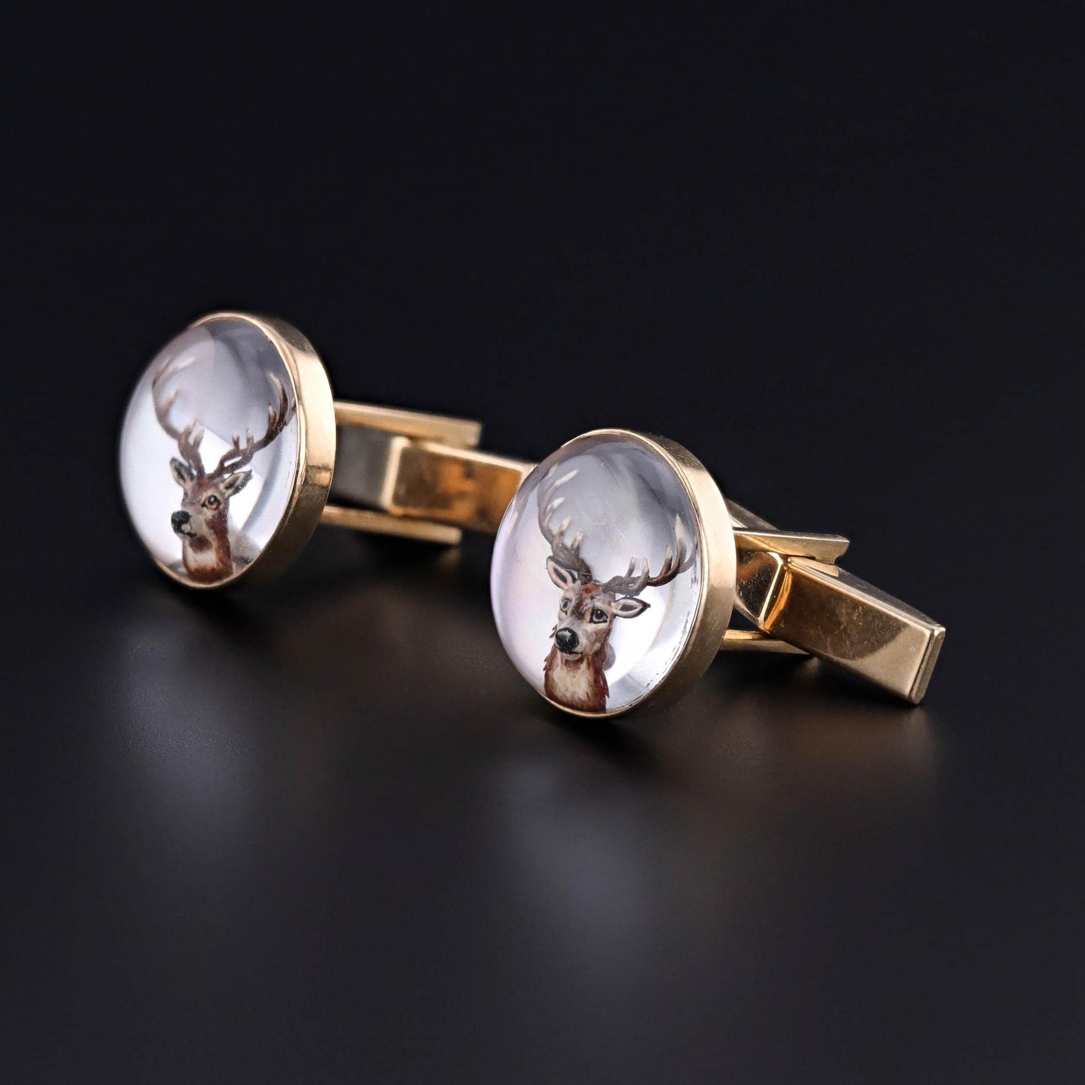 Vintage 14K Gold Reverse Carved Crystal Cufflinks – Stag Deer Motif (1940-1960): Add a touch of timeless elegance to your wardrobe with this exquisite pair of vintage cufflinks. Each cufflink showcases a reverse-carved and hand-painted crystal,