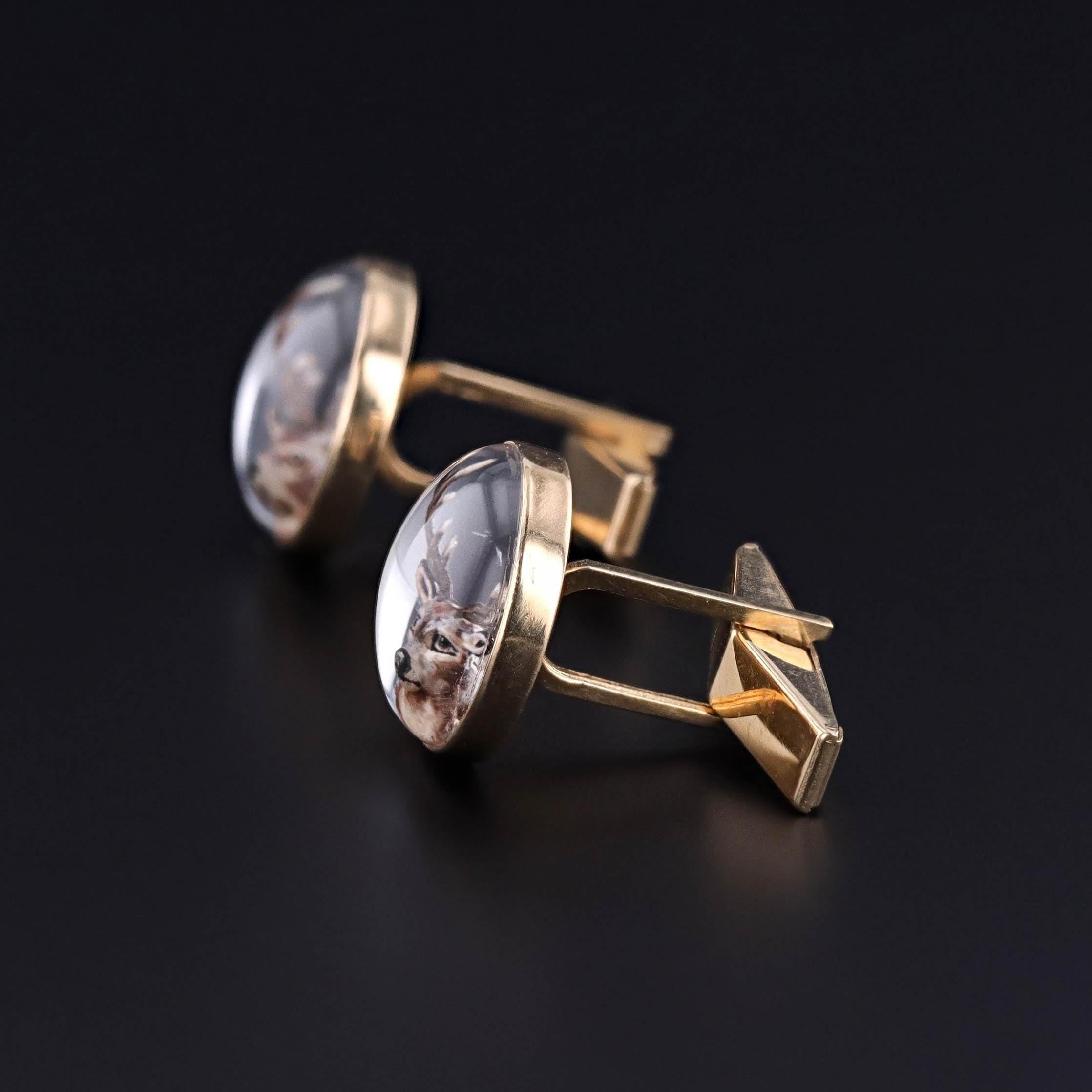 Contemporary Vintage Reverse Painted Crystal Deer Cufflinks of 14k Gold For Sale