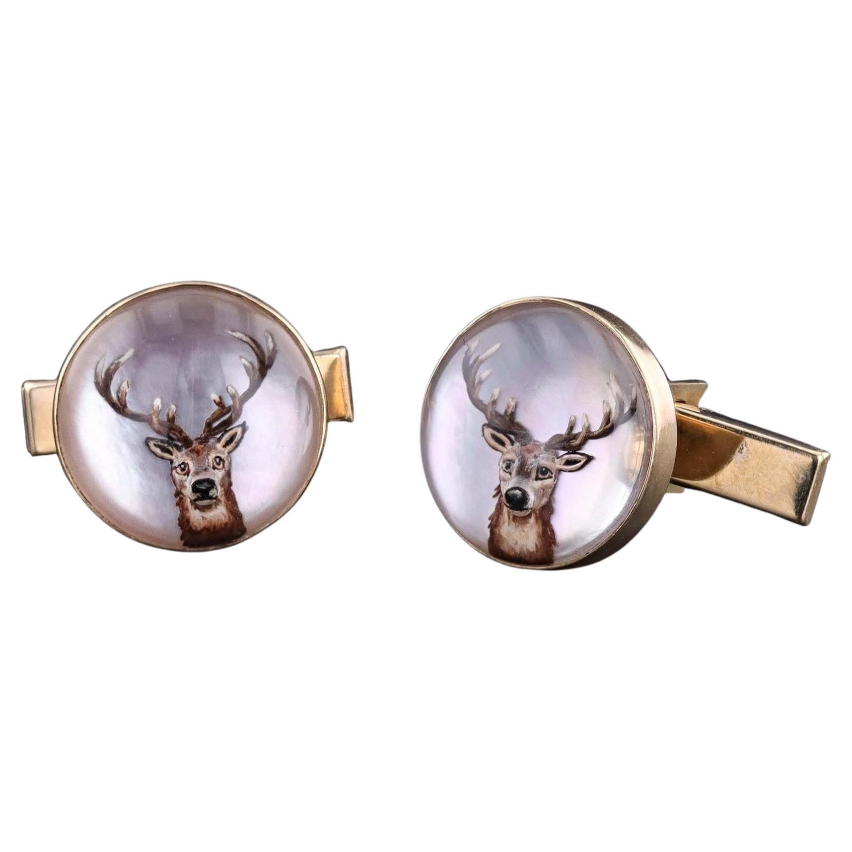 Vintage Reverse Painted Crystal Deer Cufflinks of 14k Gold