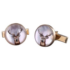 Vintage Reverse Painted Crystal Deer Cufflinks of 14k Gold