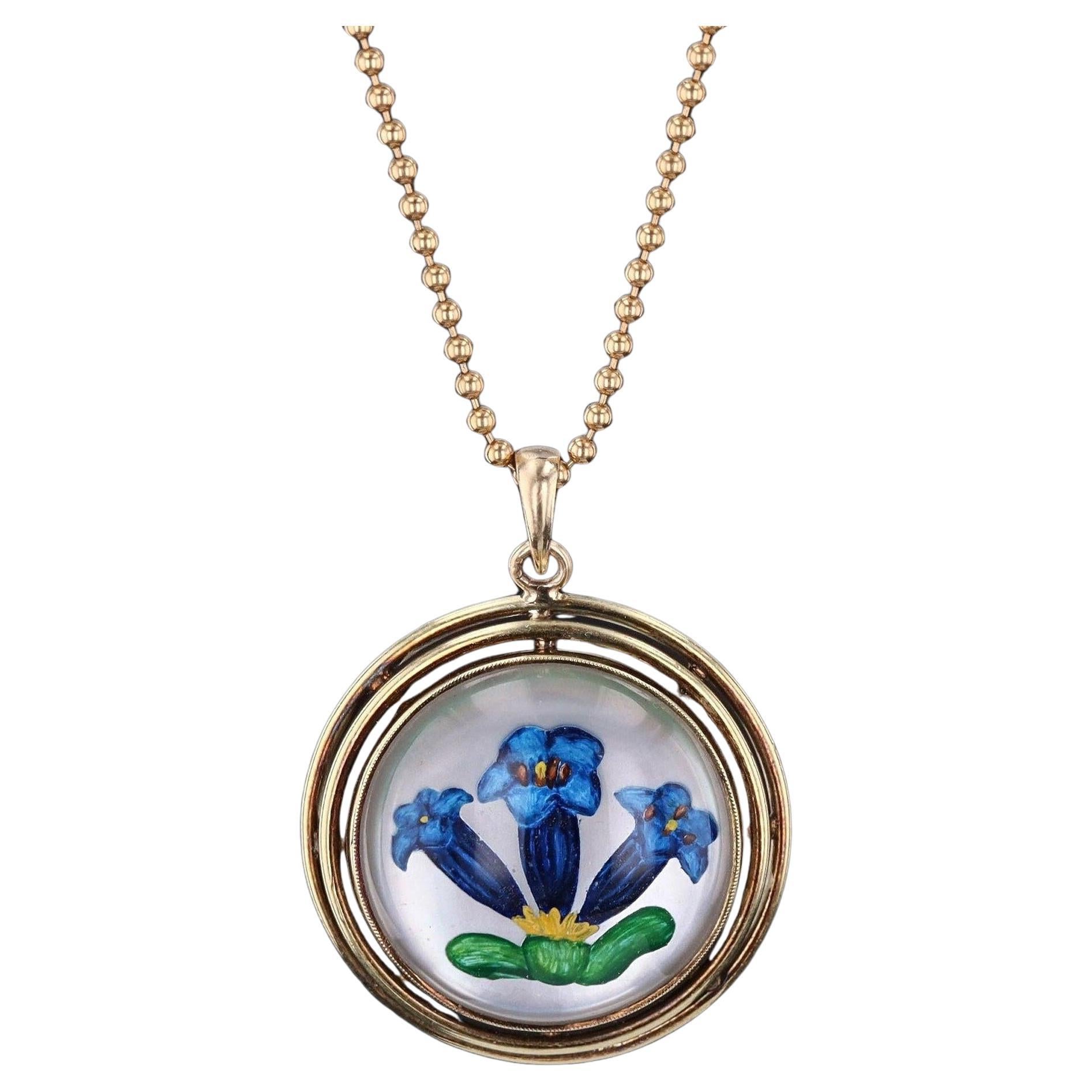 Collar Vintage de Flor de Cristal Pintado al Revés de Oro de 14k