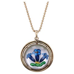 Collar Vintage de Flor de Cristal Pintado al Revés de Oro de 14k