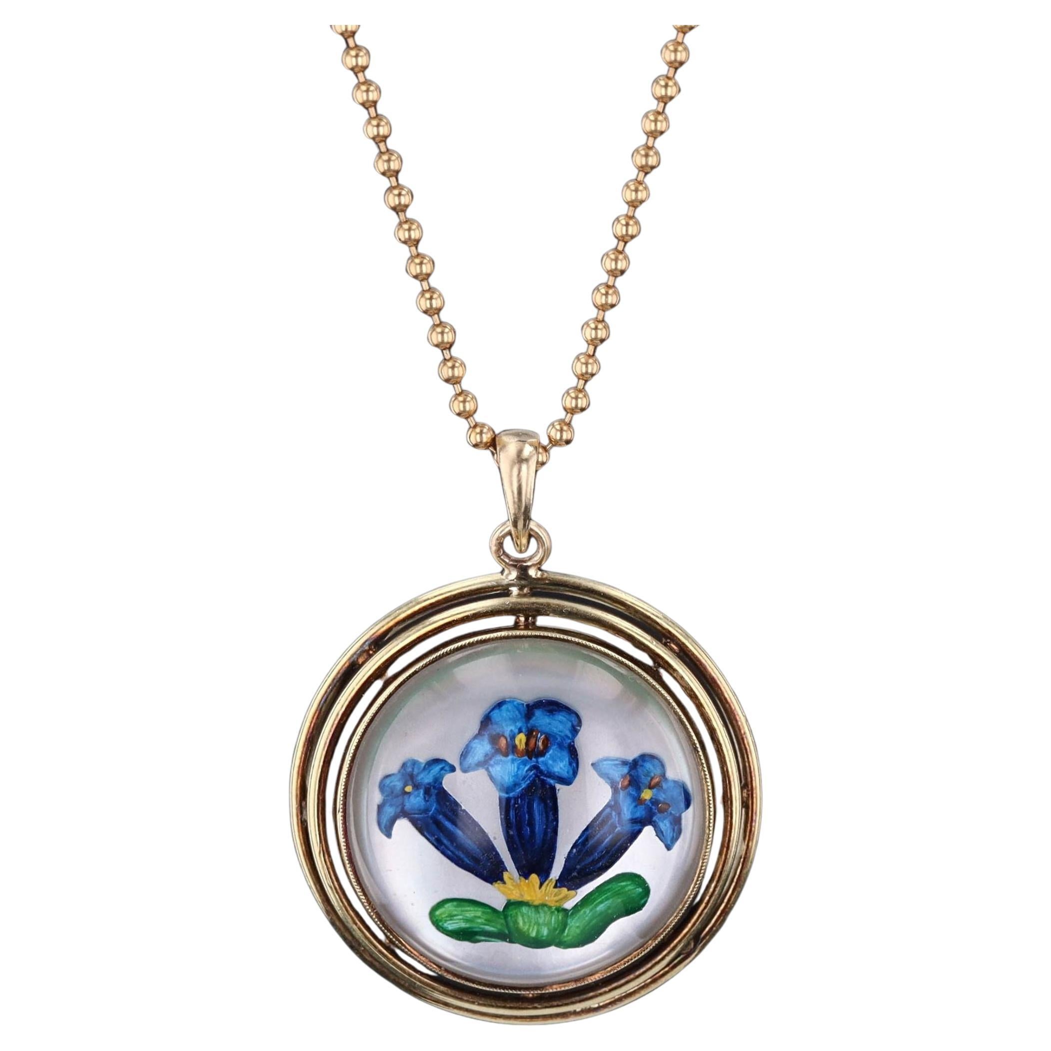 Collier vintage de fleurs en cristal peint à l'envers en or 14k