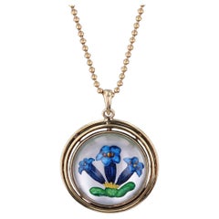 Collar Vintage de Flor de Cristal Pintado al Revés de Oro de 14k