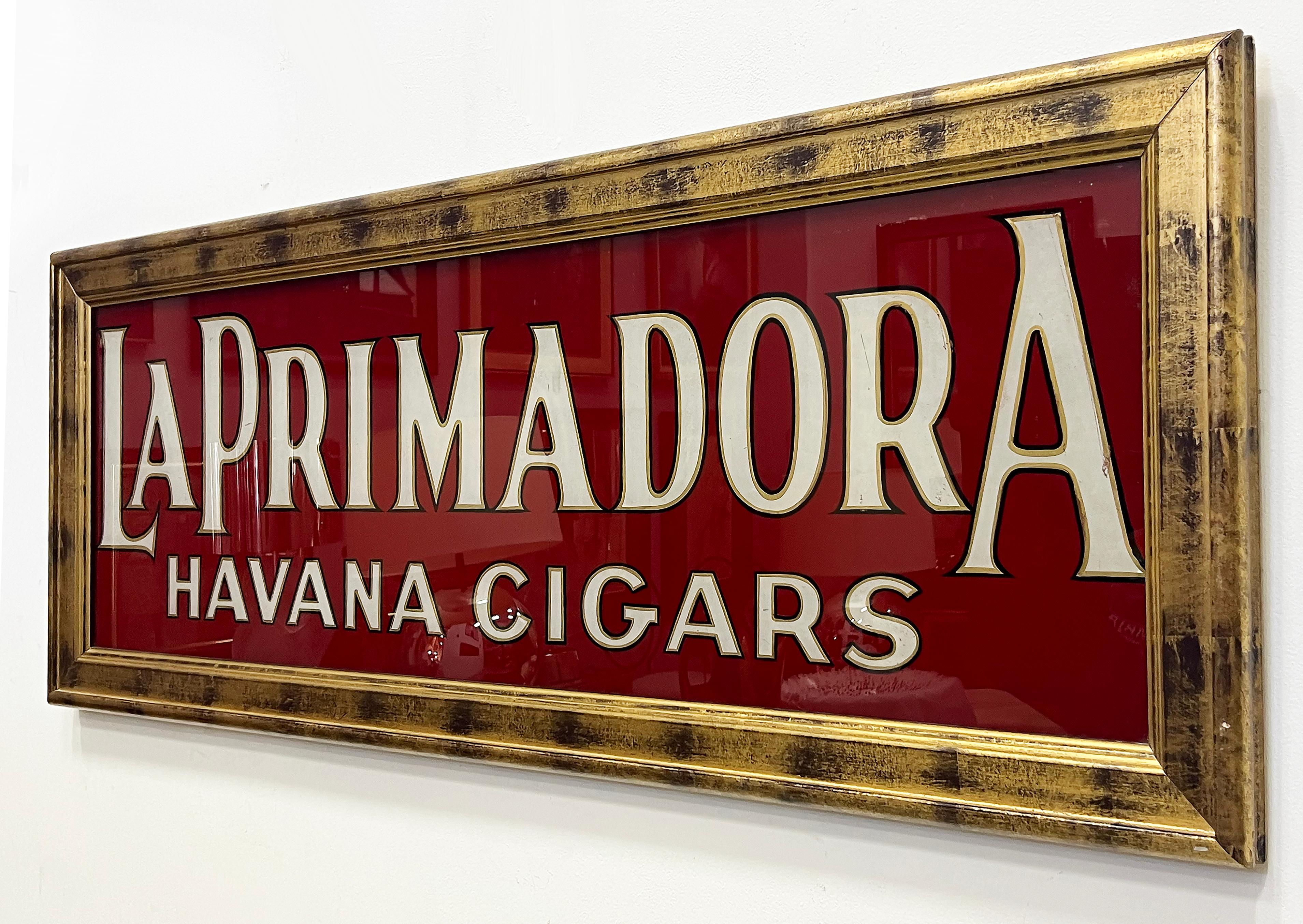 Dipinto a mano Insegna per sigari LaPrimadora Havana in vetro dipinto al contrario,  Pubblicità in vendita