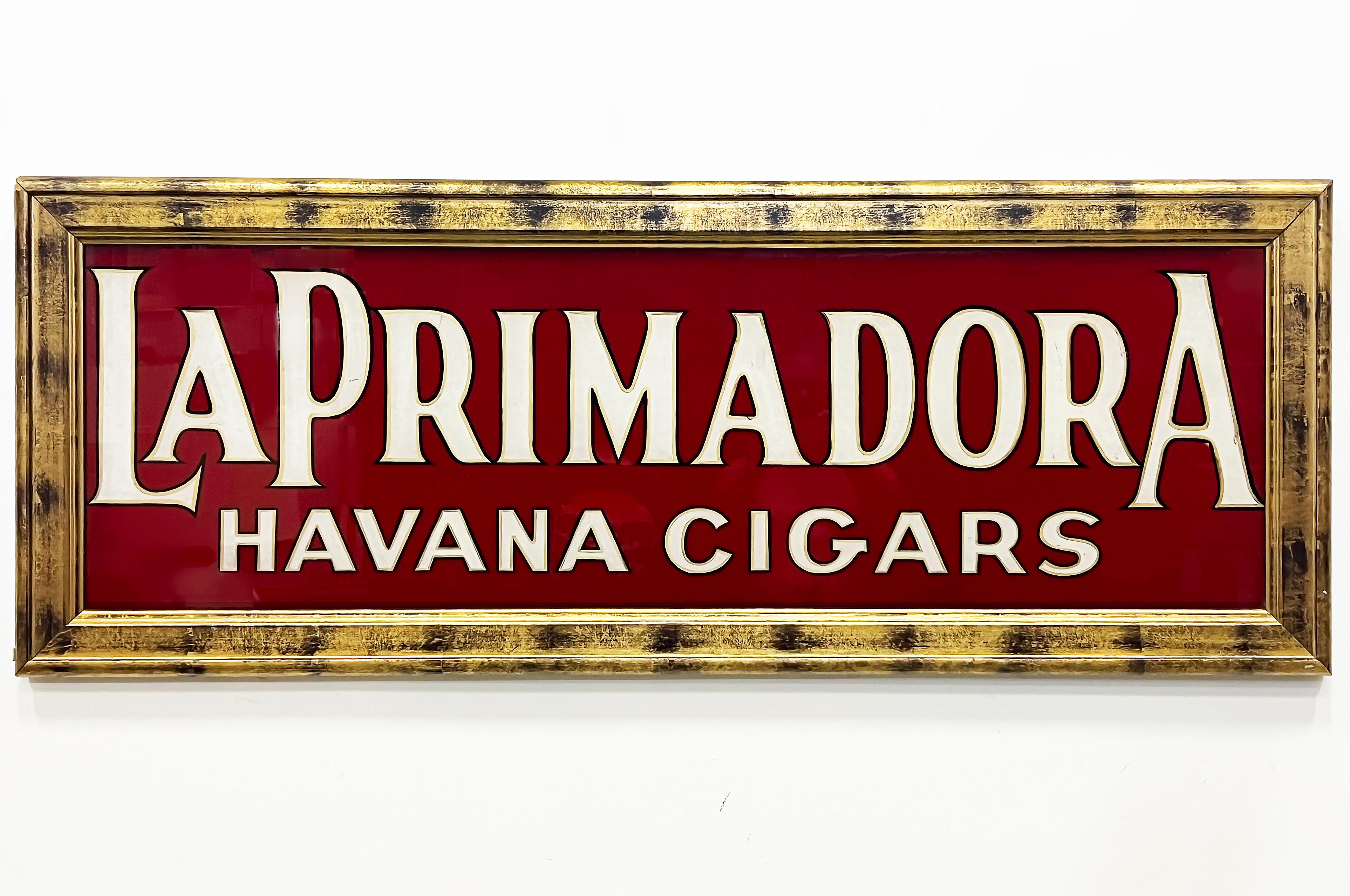 XX secolo Insegna per sigari LaPrimadora Havana in vetro dipinto al contrario,  Pubblicità in vendita