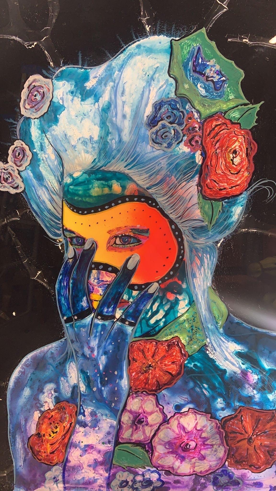 Art mural vintage avec figure féminine peinte à l'envers par Mark Narens en vente 3