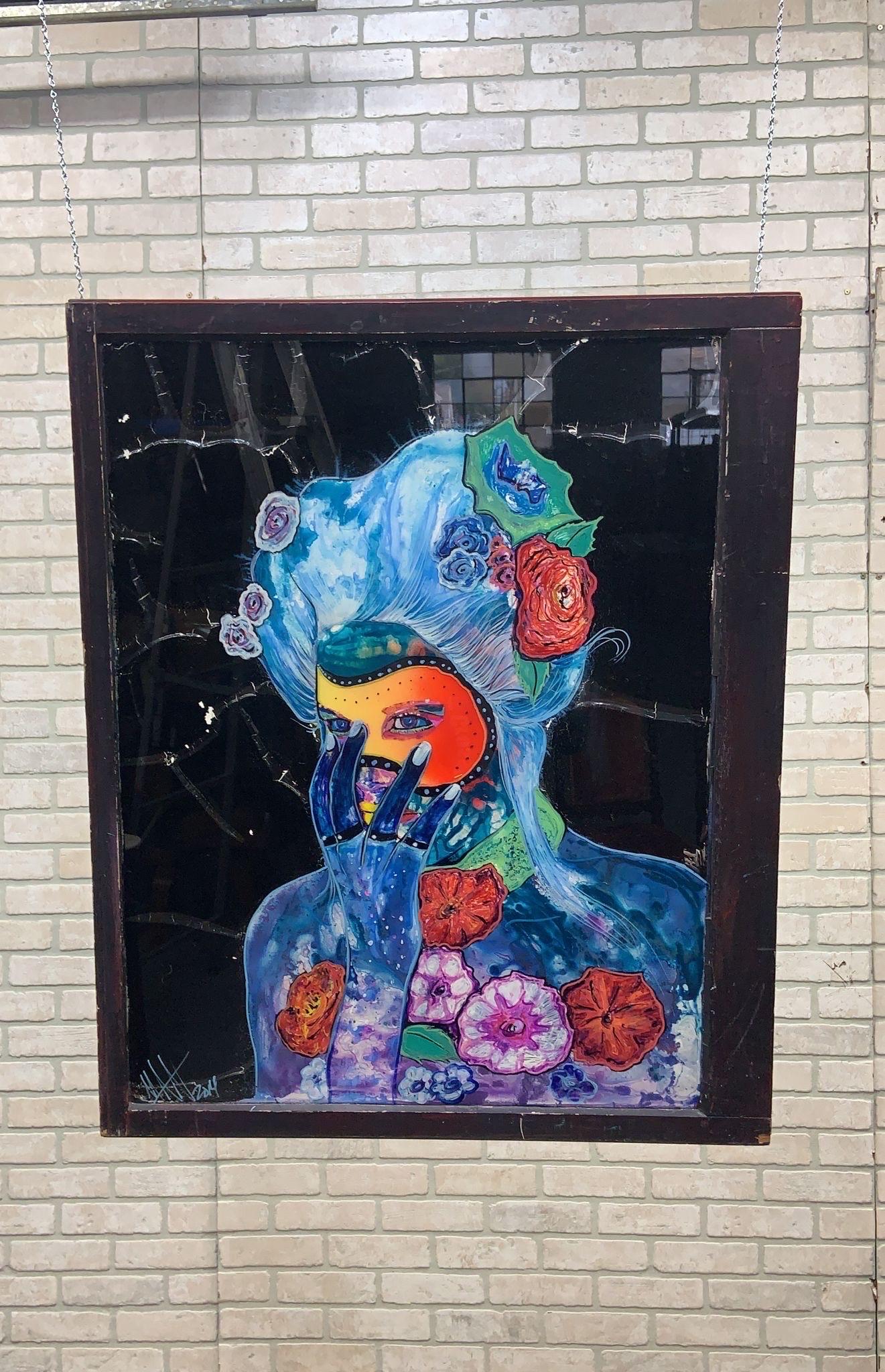 Vintage Reverse Painted Glass Wall Art w/ Female Figure by Mark Narens In Good Condition For Sale In Chicago, IL