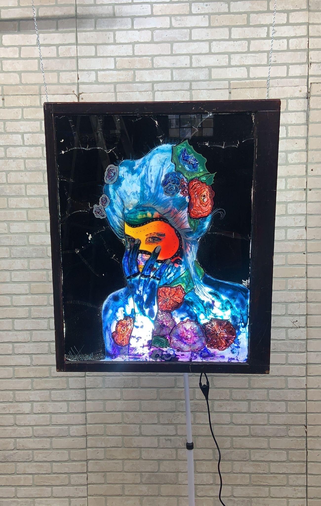 Umgekehrte Vintage-Wandkunst aus bemaltem Glas mit weiblicher Figur von Mark Narens, Vintage im Angebot 2