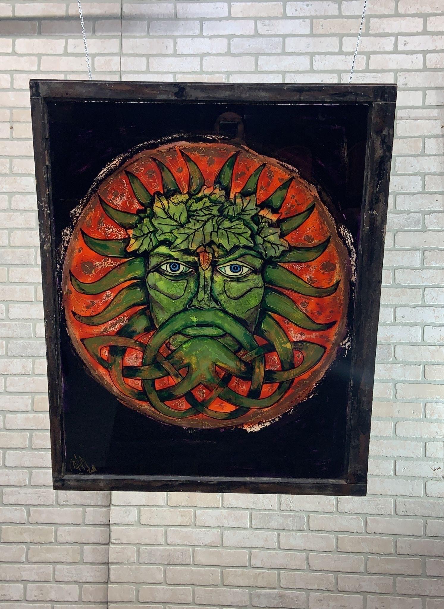 Moderno Arte da parete in vetro dipinto al contrario vintage con figura maschile firmata da Mark Narens in vendita