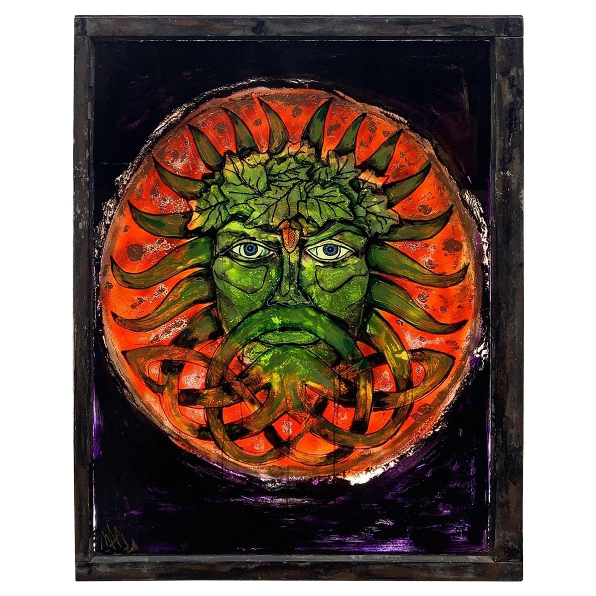 Vintage-Wandkunst aus bemalter Glas mit männlicher Figur, signiert von Mark Narens, umgekehrt, Vintage im Angebot