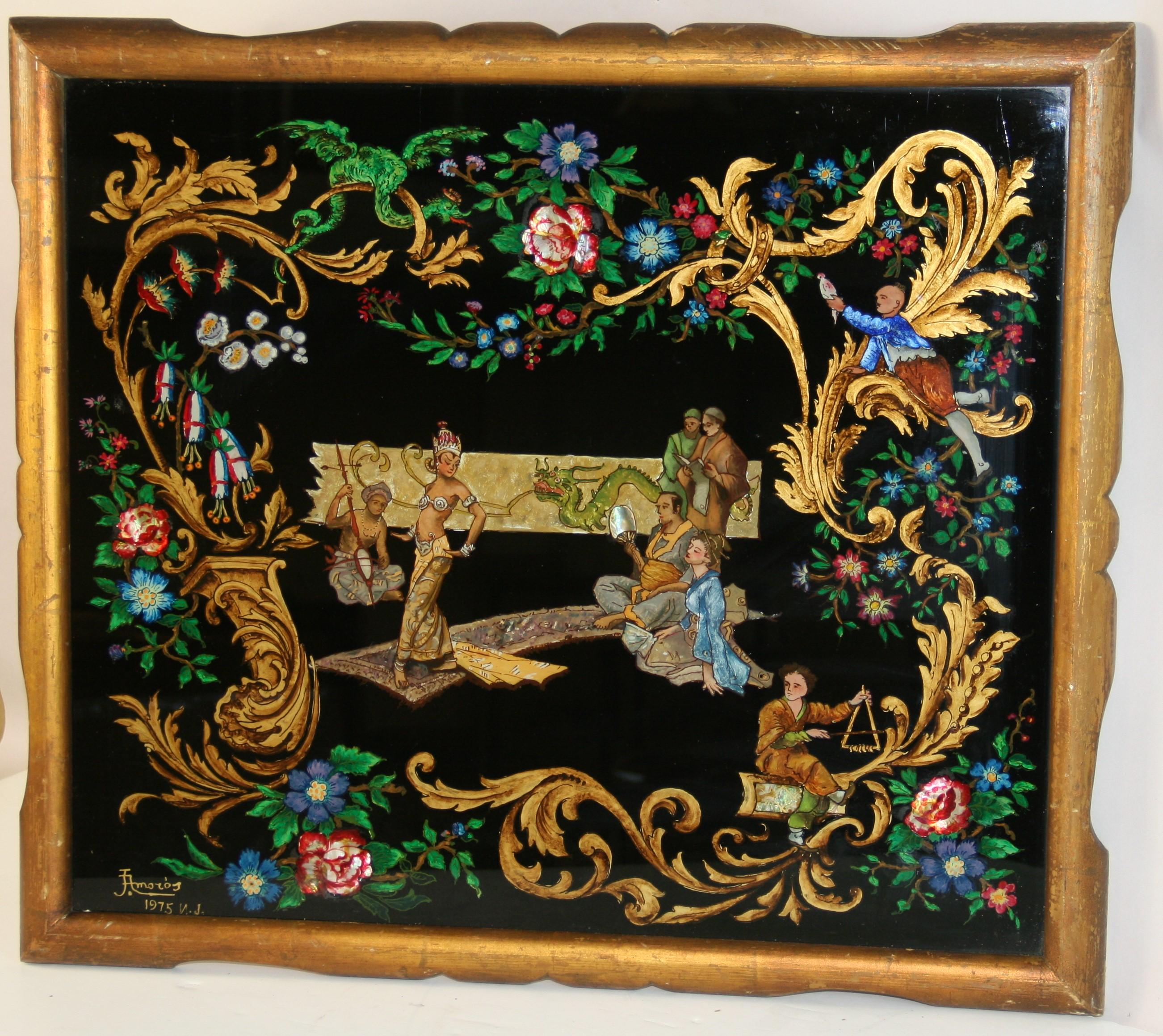 Vintage-Reverse-Gemälde auf Glas, „Dancing For The Royal Family“, Vintage im Zustand „Gut“ im Angebot in Douglas Manor, NY