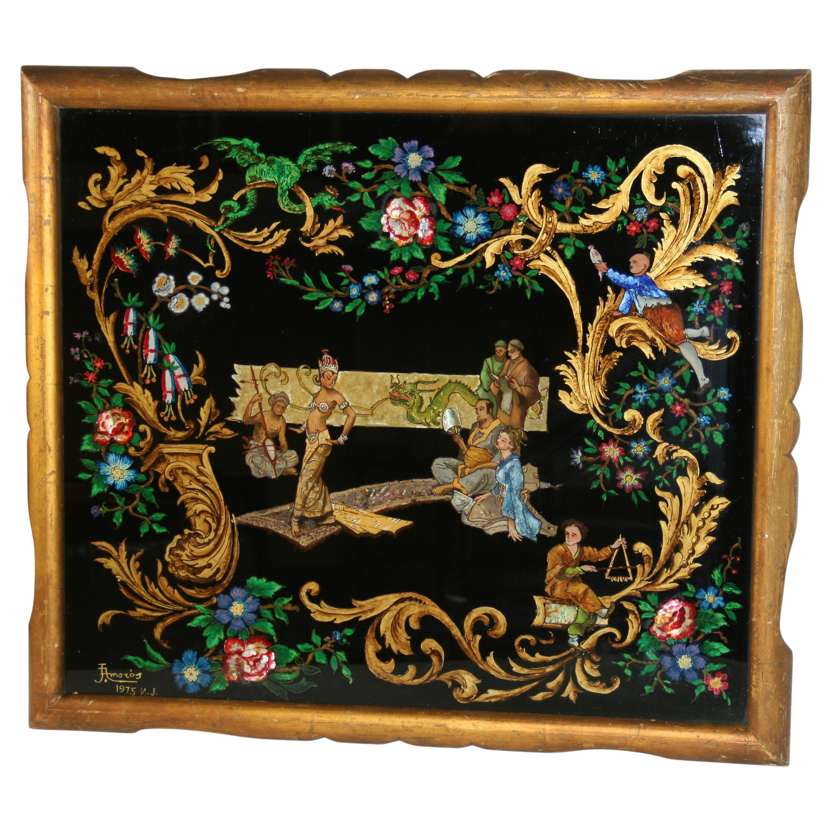 Vintage Reverse Painting on Glass "Dancing For The Royal Family"