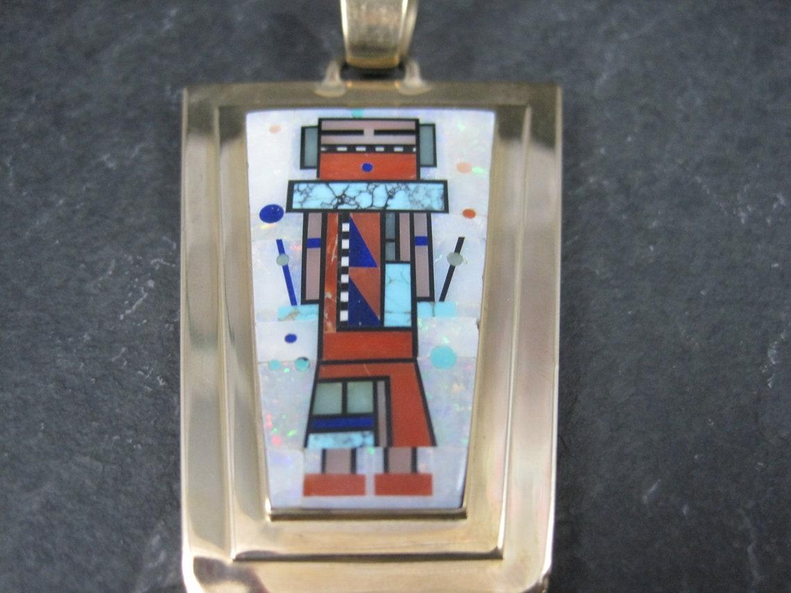 Large Vintage Reversible 14K Inlay Pendant Navajo In Good Condition For Sale In Webster, SD