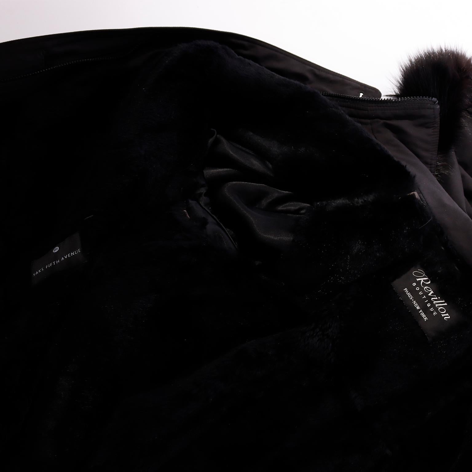 Vintage Revillon Black All Weather Coat with Fur Lining & Fox Fur Trim & Hood For Sale 6