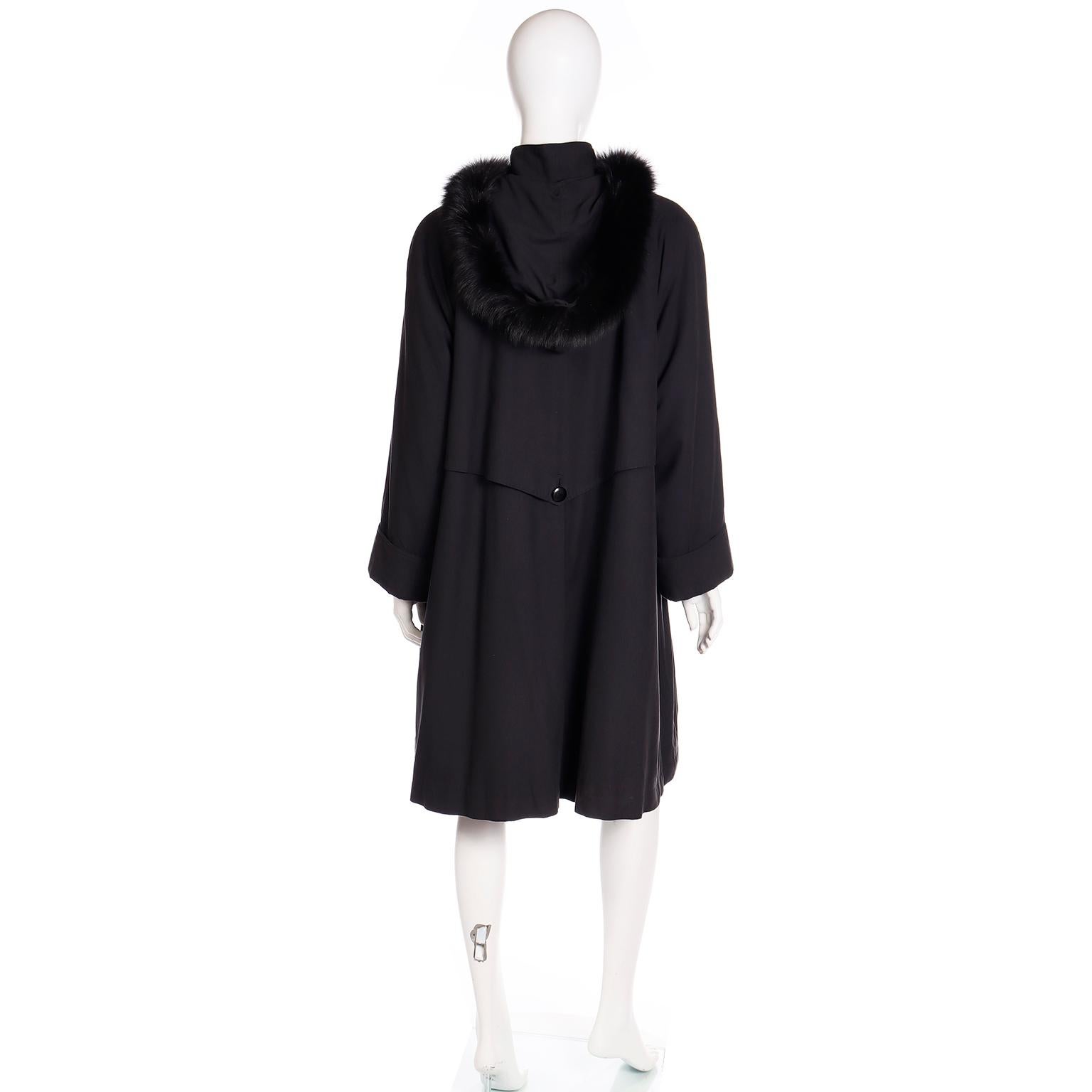 Women's Vintage Revillon Black All Weather Coat with Fur Lining & Fox Fur Trim & Hood For Sale