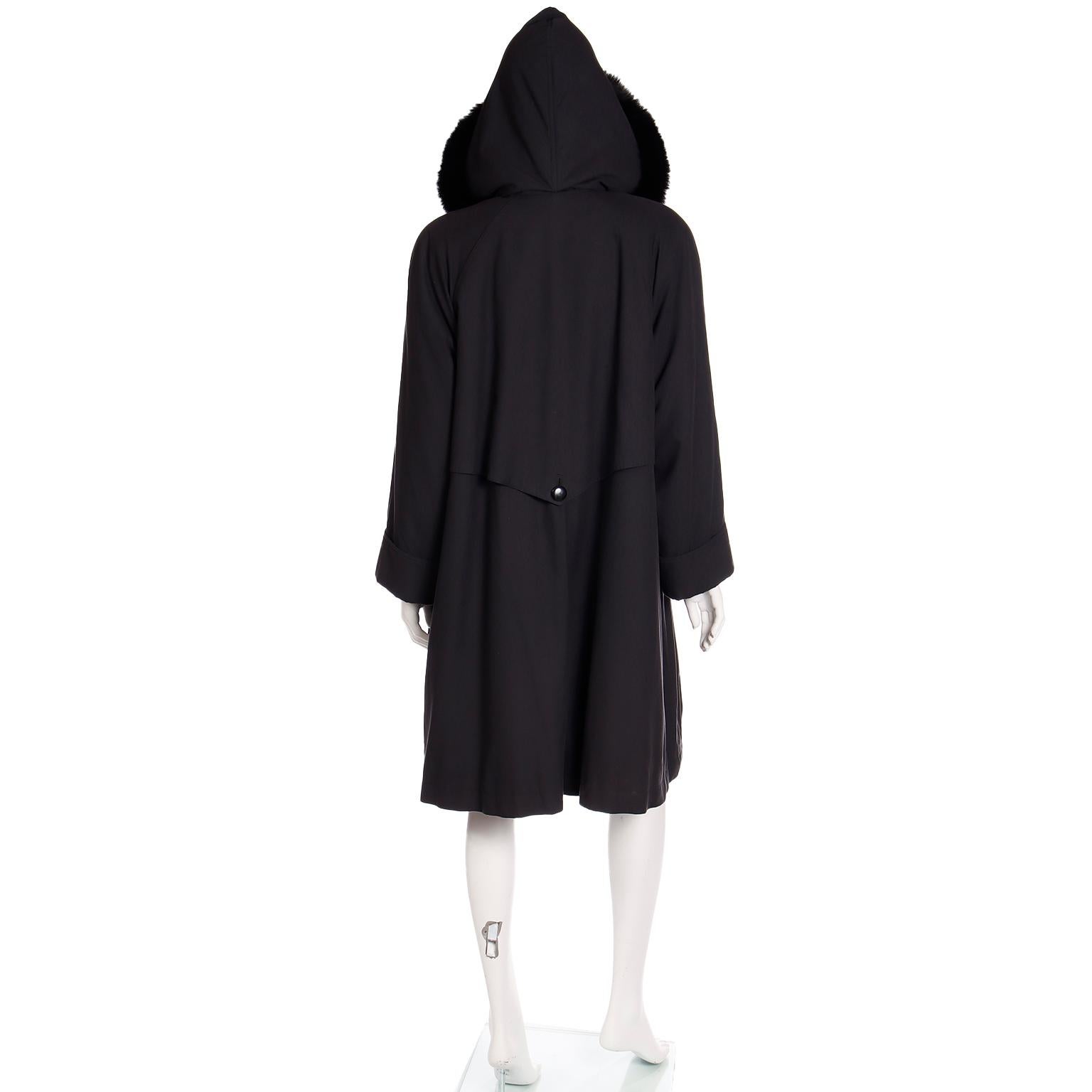 Vintage Revillon Black All Weather Coat with Fur Lining & Fox Fur Trim & Hood 1