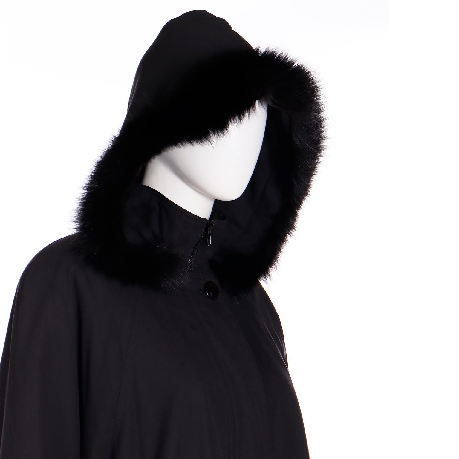 Vintage Revillon Black All Weather Coat with Fur Lining & Fox Fur Trim & Hood For Sale 4