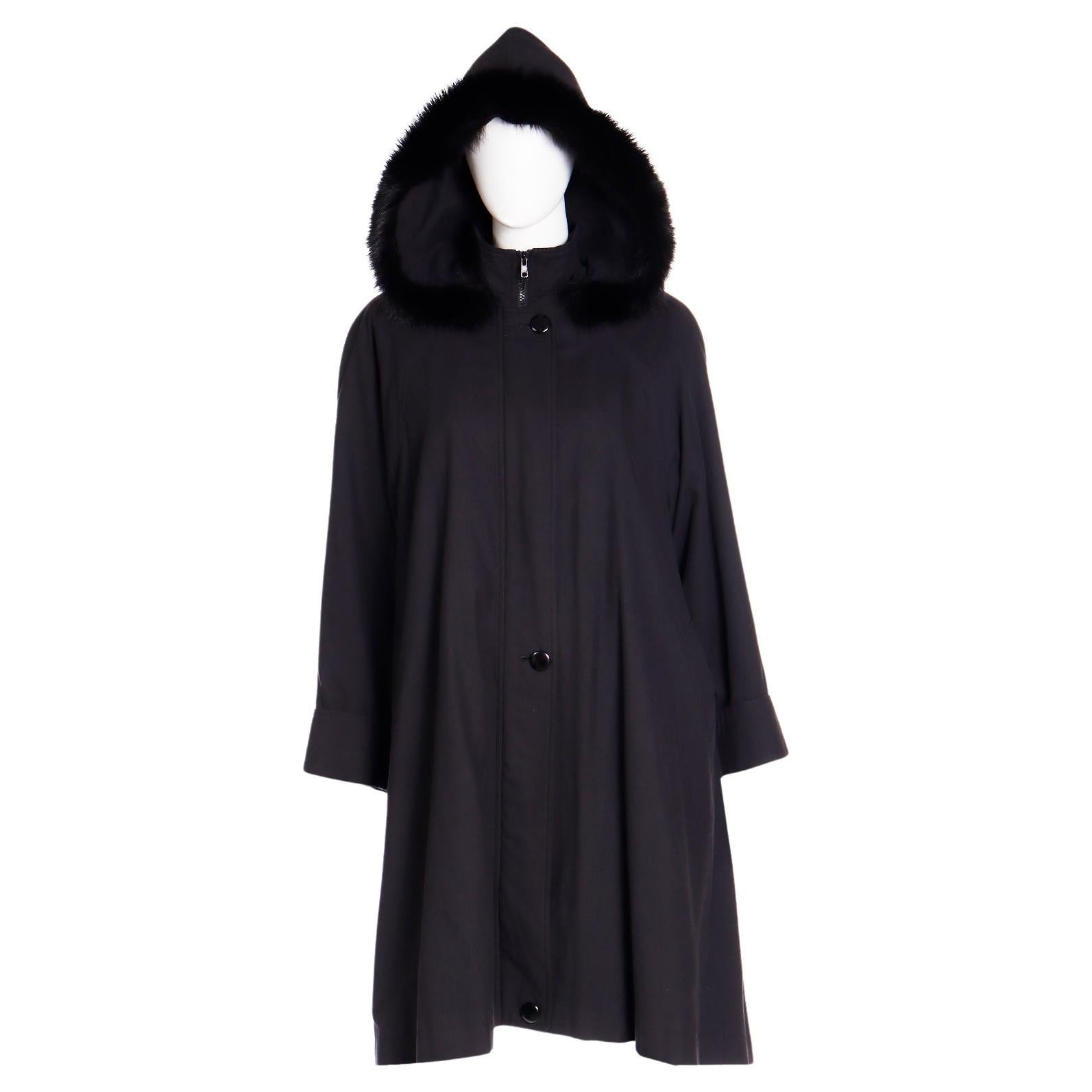 Vintage Revillon Black All Weather Coat with Fur Lining & Fox Fur Trim & Hood For Sale