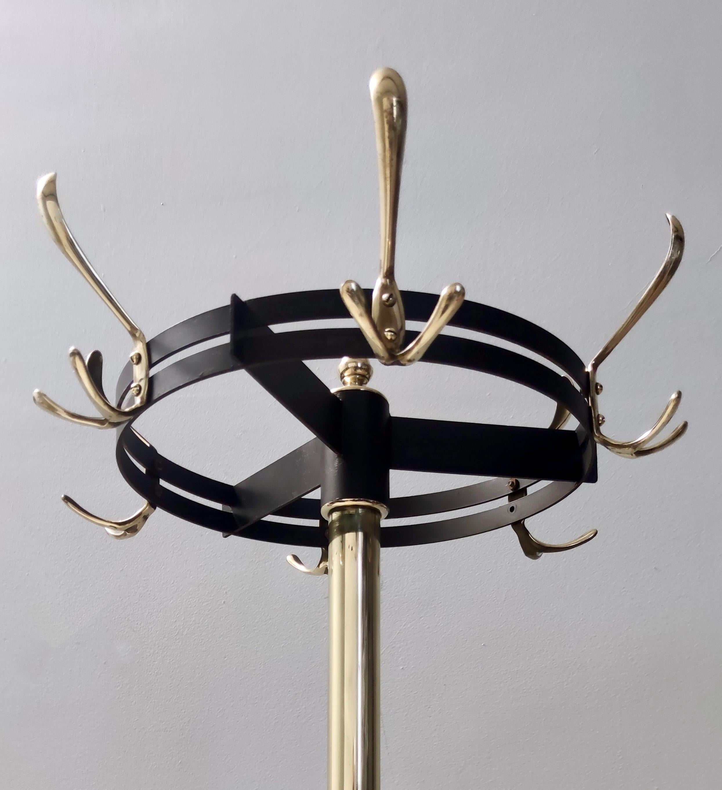 Italian Vintage Revolving Brass and Varnished Iron Coat Rack, Italy For Sale