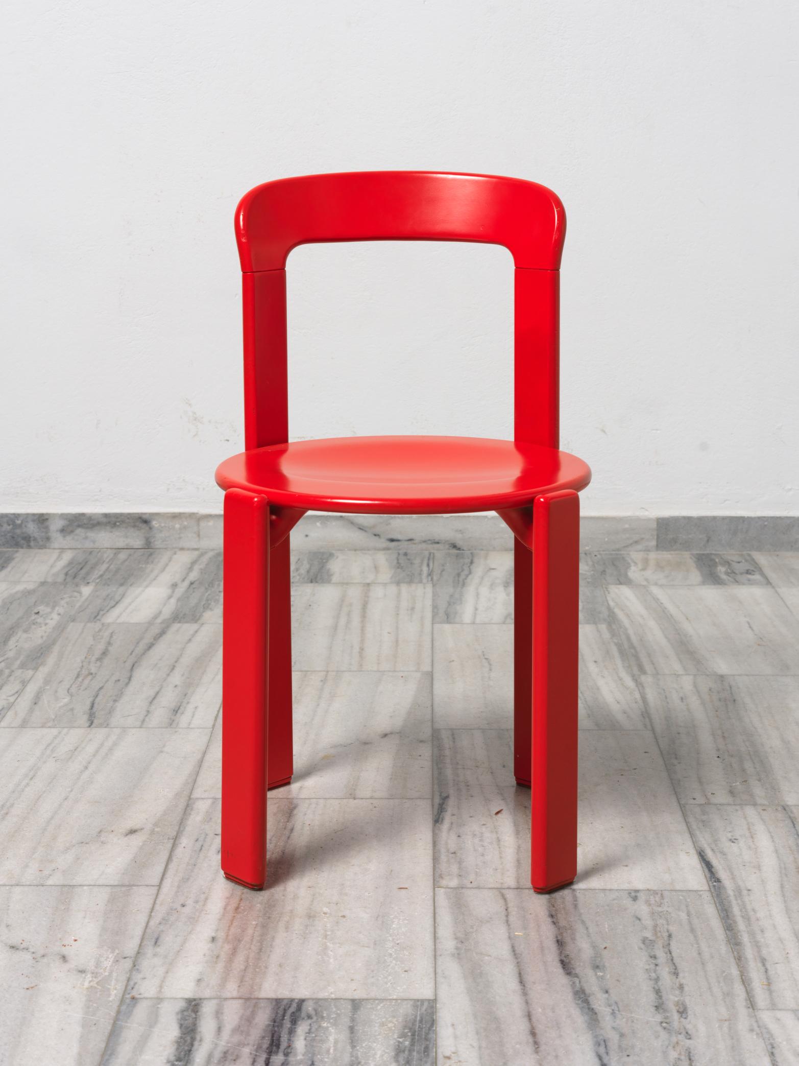 Vintage Very Red Rey chair designed by Bruno Rey, produced by Dietiker 1971. (Not Hay)
Rey chair became one of the most iconic pieces of Swiss industrial design. Made of local beech wood, it was constructed with a unique, screw-less signature