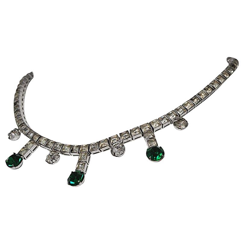 Vintage Rhinestone and Emerald Necklace For Sale