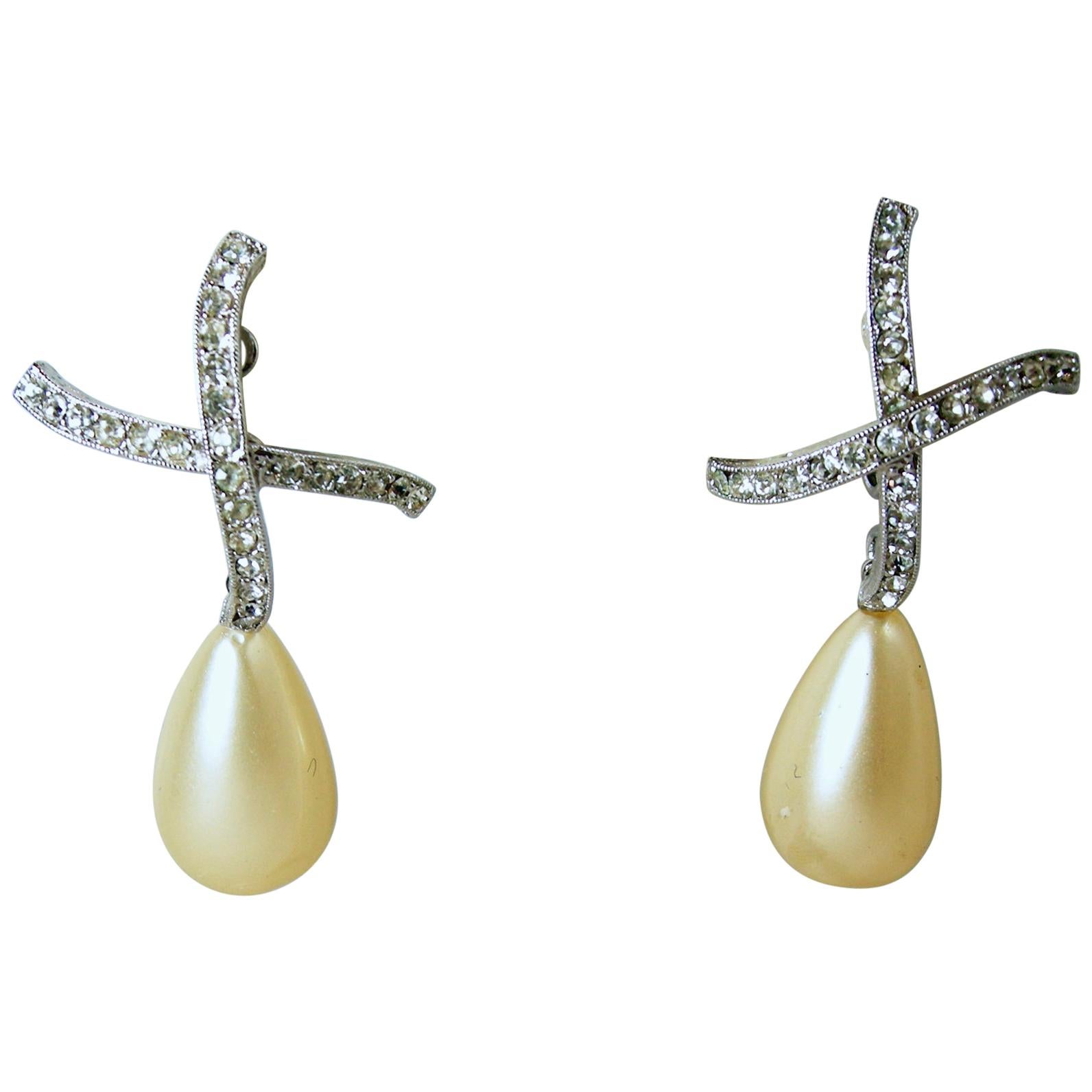 Vintage Rhinestone And Faux Pearl Drop Earrings For Sale