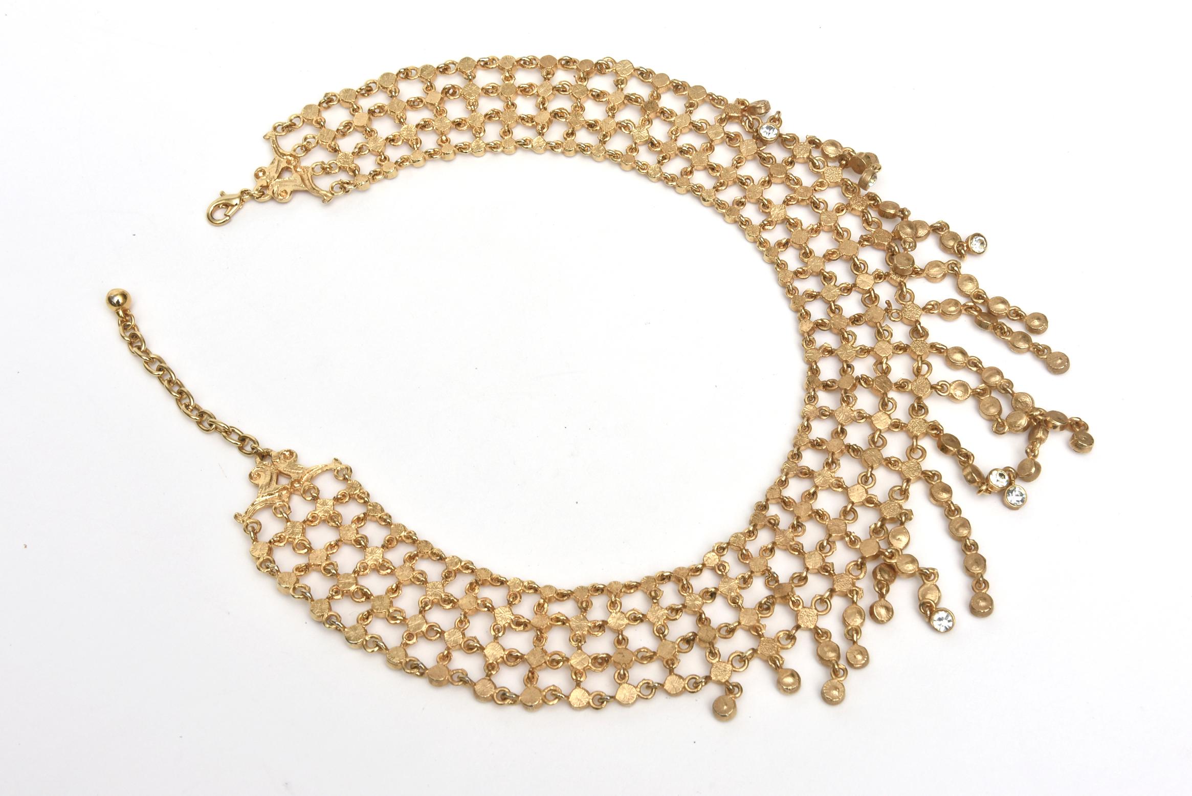 Women's  Rhinestone and Gilded Metal Bib Necklace Vintage For Sale